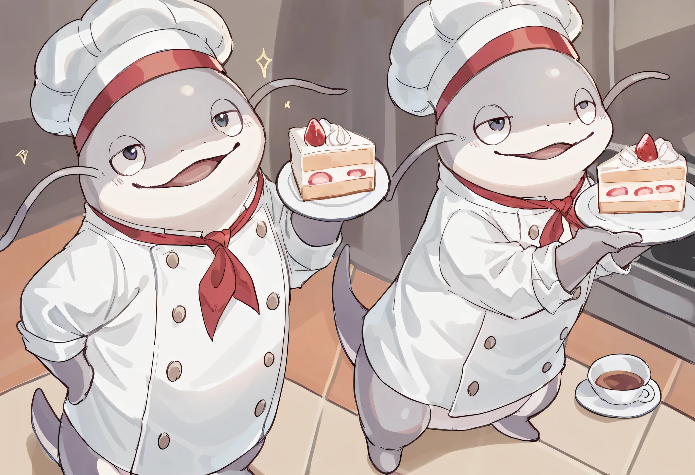 1other, namazu, dynamic pose, good quality, newest, very awa, absurdres, enjoy, Various facial details, detailed background, very detailed, dynamic poses, Eyes details, high resolution, correct anatomy, Smug expression, (solo), masterpiece, best quality, highres, masterpiece, (16K), HD, high quality, Chef's uniform, in the kitchen, making cake