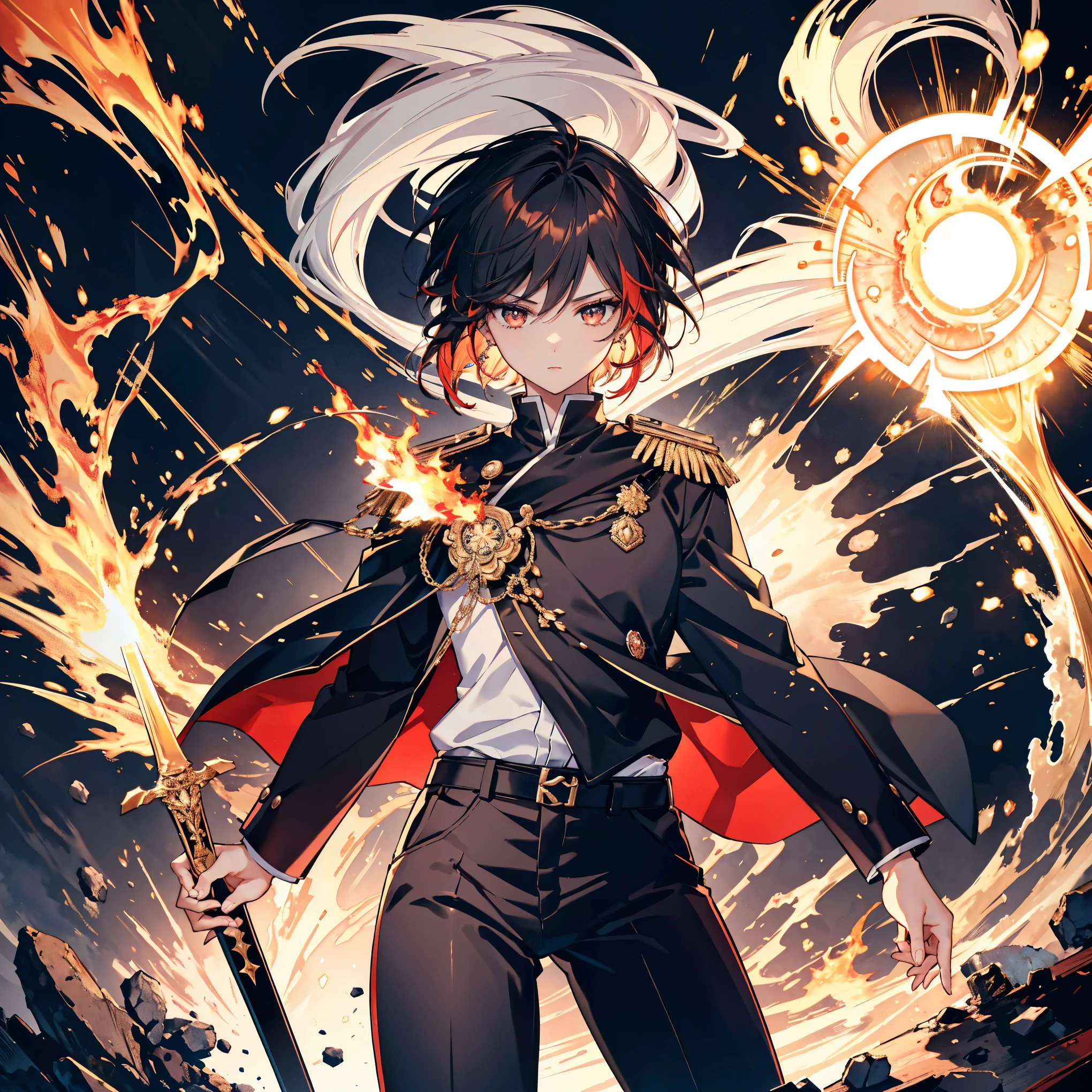  Description: high quality, masterpiece, delicate hair , delicate eyes full of determination, high quality, man, handsome man, sharp golden eyes, neutral expression, bright red hair, golden eyes, mysterious look, muscular, wearing a messy black shirt, black skinny pants, sword, sword master, cloudy sky background, detailed anime style illustration, intense facial expression, aura of hidden power, flames and sparks, highly detailed, strong shadows, ash, ice, ink splash, color splash