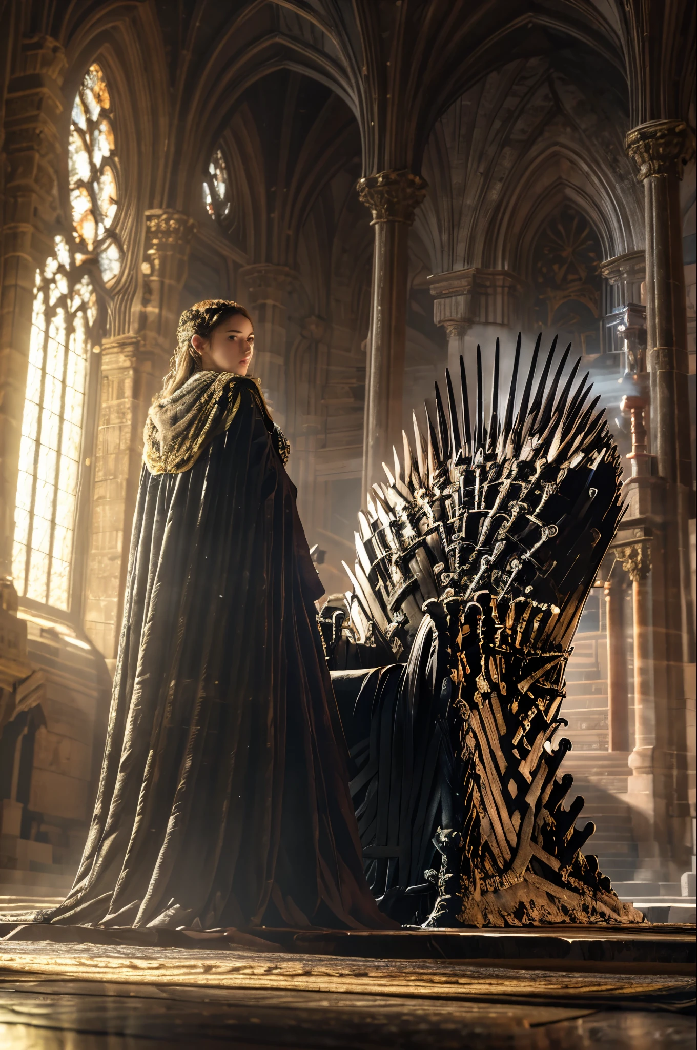 (8 k, RAW Photo, Highly detailed, masterpiece, pants falling on your eyes ), intense colors , high contrast ,film still, full shot photo of the most beautiful artwork in the world, cinematic light ,fantasy, high resolution,The Iron Throne ,, in the room ,One, sunlight ,