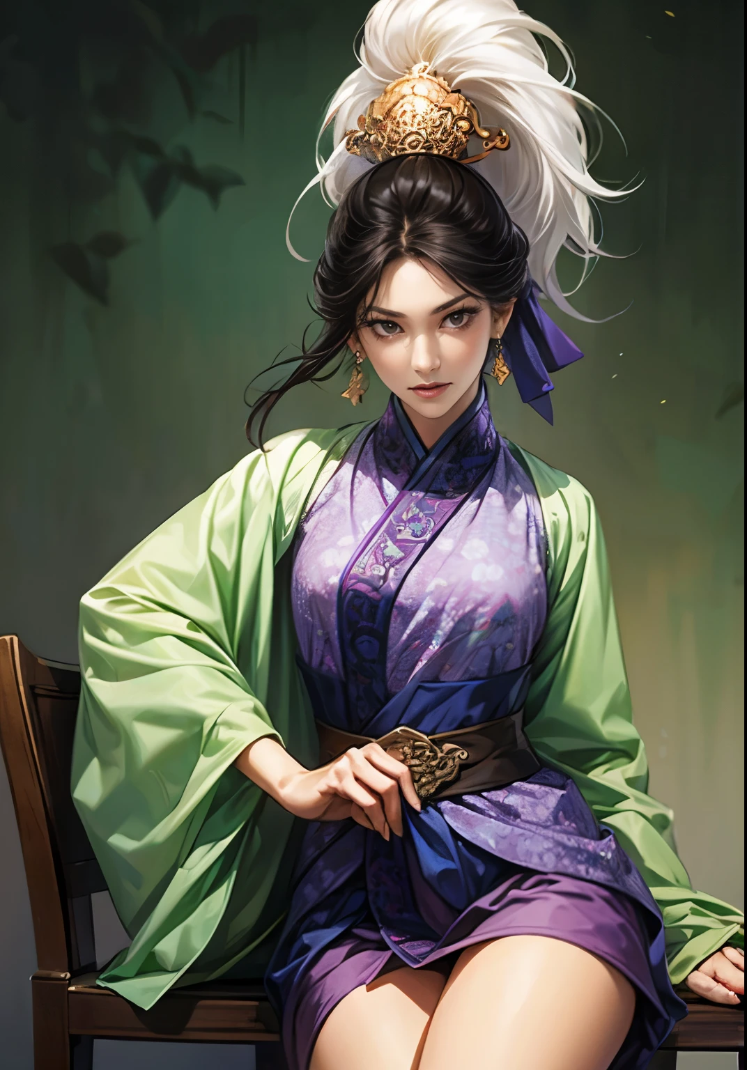 ((Create images from head to thigh:1.5)), Three Kingdoms illustration , sanguo, (sanguozhi :1.5), (((Female solo))), Beautiful Woman, beautiful face, various faces, (bhands:1.3), ((black hair)), various poses, (((make various facial expressions))), silver jewelry, (make a sexy look), Brilliant background , blurry background , natural lighting, Woman sitting on a chair