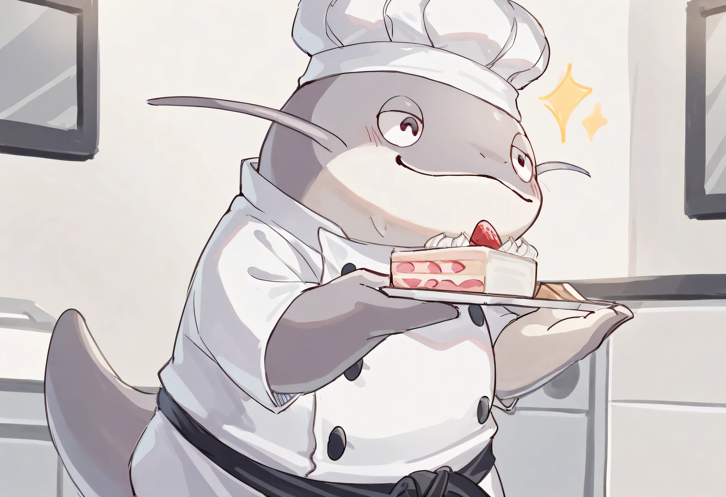 1other, namazu, dynamic pose, good quality, newest, very awa, absurdres, enjoy, Various facial details, detailed background, very detailed, dynamic poses, Eyes details, high resolution, correct anatomy, Smug expression, (solo), masterpiece, best quality, highres, masterpiece, (16K), HD, high quality, Chef's uniform, in the kitchen, making cake