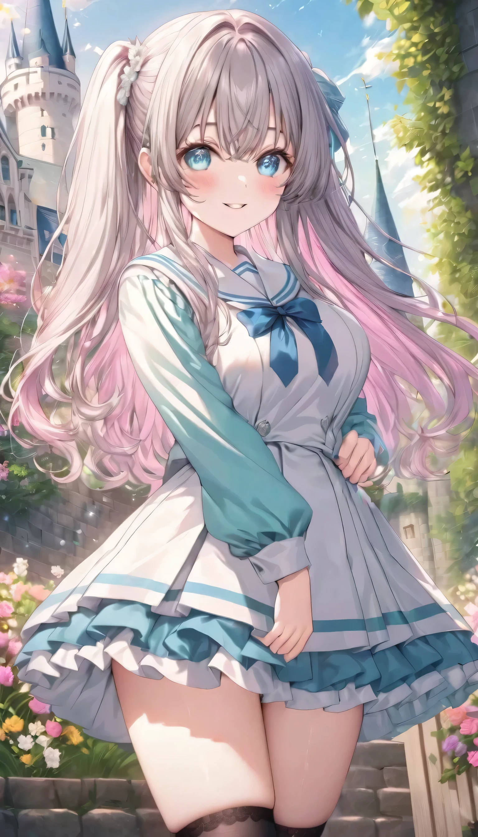 ((ultra-detailed)), (highly detailed CG), (best quality:1.2), ultra-highly detailed, colorful composition, artistic photoshoot, 1girl, solo focus, ((thigh to top:1.4)), ((cowboy shot:1.4)), moe anime character, girl, dainty facial structure, (bab(round face), ((rounded chin:1.2)), ((ideal ratio body proportions)), celia-default, celia claire, (blue eyes), sparkle eyes, pale pink gray hair color, long hair, huge breasts, school uniform, sailor suit, traditional Japanese style with navy blue and white colors, detailed ribbon and pleated skirt, black high socks, dynamic pose, from front, standing by the victorian garden with flowers, castle, beautiful detailed sky, expecting, pink cheek, blush, light pink gloss slip, portrait, depth of field, soft lighting, sidelighting, (shine), lighting, caustics, ray tracing, smile, perfect face, lustrous skin, highly detailed face, highly detailed eyes, perfect face, perfect nose, perfect hair, perfect eyes, perfect anatomy, beautiful hair, beautiful small face, extremely detailed face, beautiful detailed eyes, beautiful clavicle, beautiful body, beautiful huge breasts, leavage, breasts squeezed together, equalize the size of the left and right breasts, beautiful thin thighs, beautiful legs, beautiful fingers, 4 fingers, 1 thumb, lovely, (very detailed background:1.0), (highly detailed background:1.0), spring aesthetic, intricate details, joyful atmosphere, spring colors palette, chromatic aberration