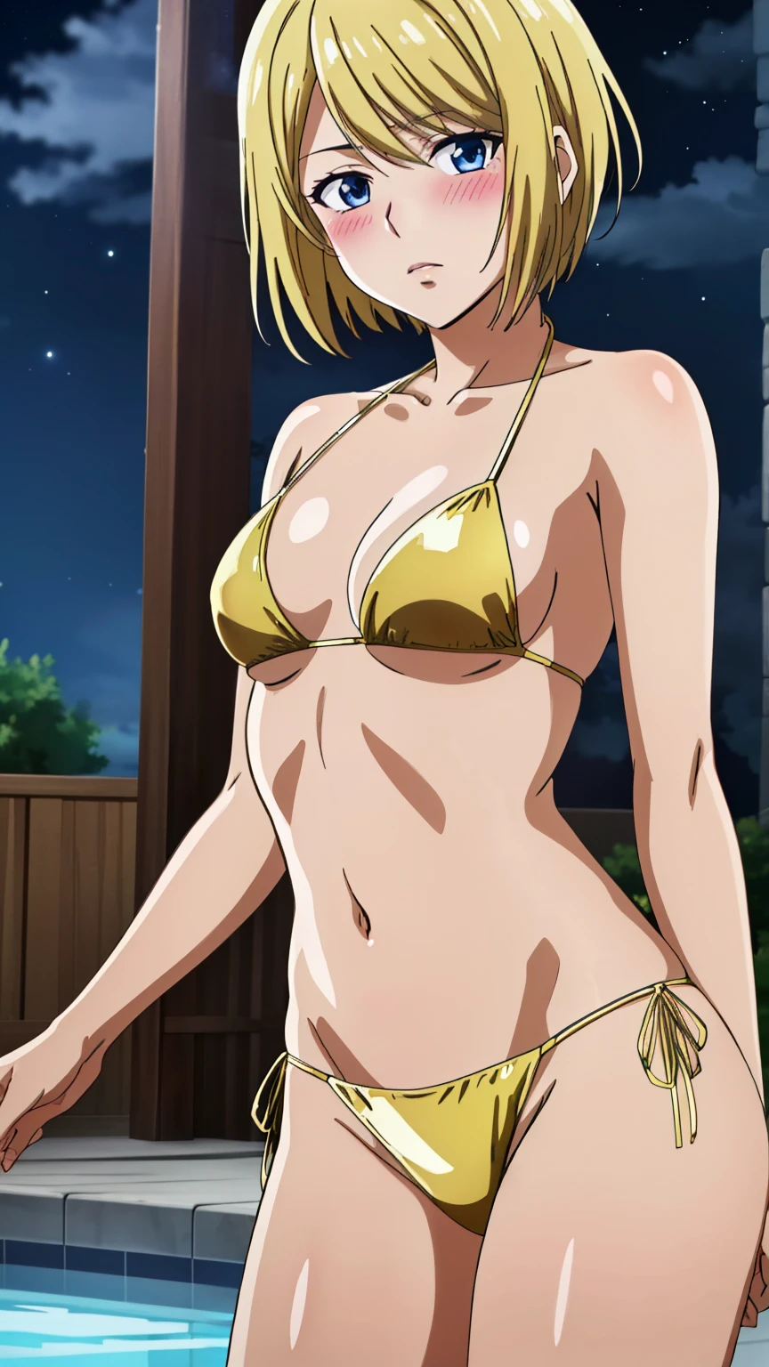 (Top quality, masterpiece, 8k), (Realistic skin texture), (anime coloring), Very detailed, very detailed, perfect face, beautiful eyes, perfect eyes, detailed eyes, feature large highlight, detailed face, ultra-detailed, detailed eyes, symmetrical eyes, (Dynamic angle), (expressionless), Sharp details, sonokata misuzu, blonde hair, short hair, (((short stature))), (small medium breasts:1.2), healthy skin, (half closed eyes:0.8), (mature face:1.4), (nffsw), ((gold bikini:1.3), thighs, blush, pool, night sky), (cowboy shot:1.5), looking at the viewer, in the center of the image