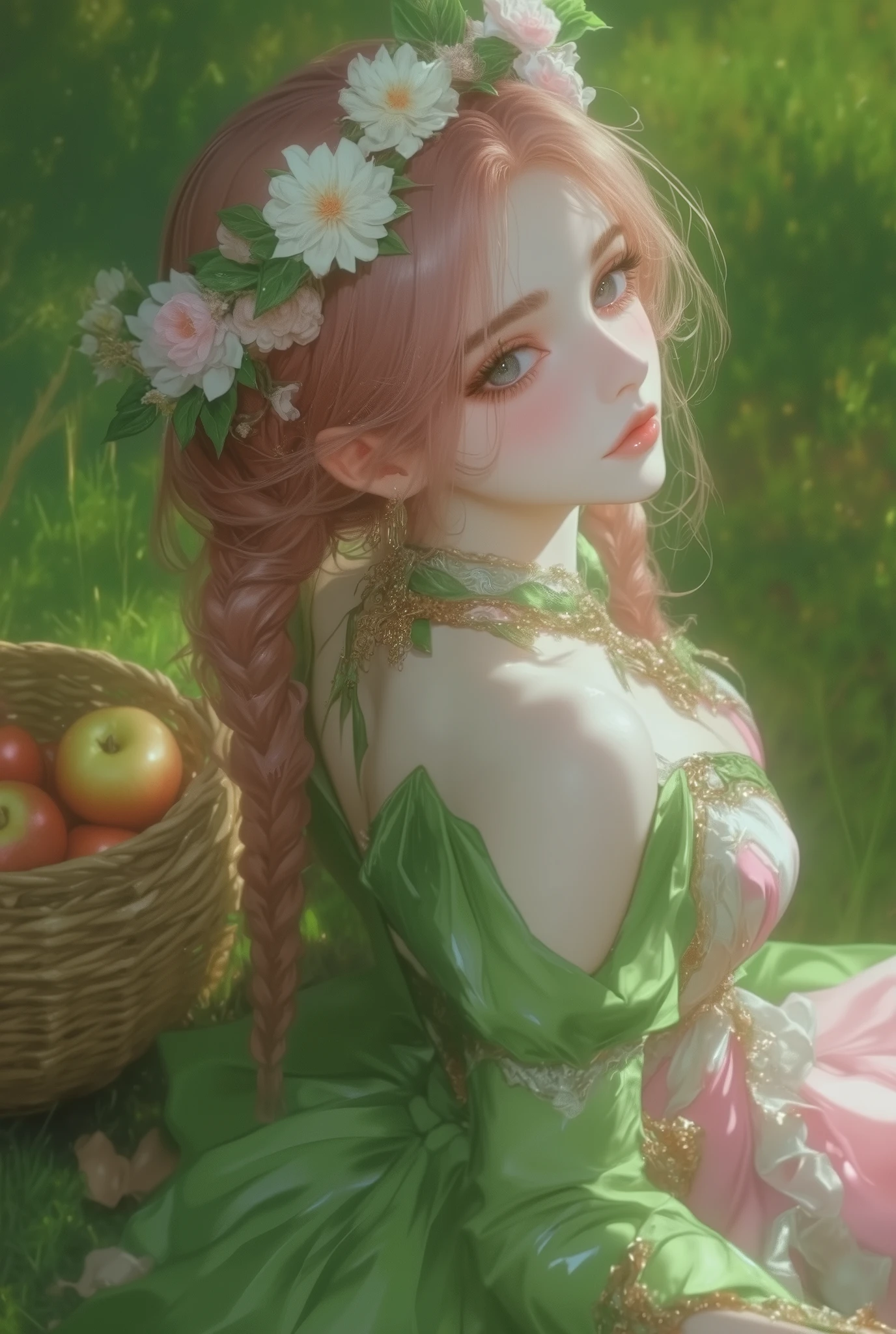 (dino \(dinoartforame\), konya karasue:1.2), (aged up:1.2), masterpiece, best quality, absurdres, highres, (dynamic pose:1.2), (dynamic angle:1.2), Best quality,masterpiece,ultra high res,beautifu l, extremely detailed face, perfect lighting, perfect face, 16k, beautiful women, 1 garota , 16k, Best quality,masterpiece,ultra high res,beautiful, extremely detailed face, 16k,  A girl sits with her back on the grass, with a basket of apples by her side. The girl has her back turned but with her face to the side, showing her profile. The girl wears a simple green, pink and white striped dress, with a crown of white and pink flowers on her head. The girl has an ethereal and melancholic beauty, long braided rosé pink hair, light blue eyes, slightly pink cheeks and full pink lips.