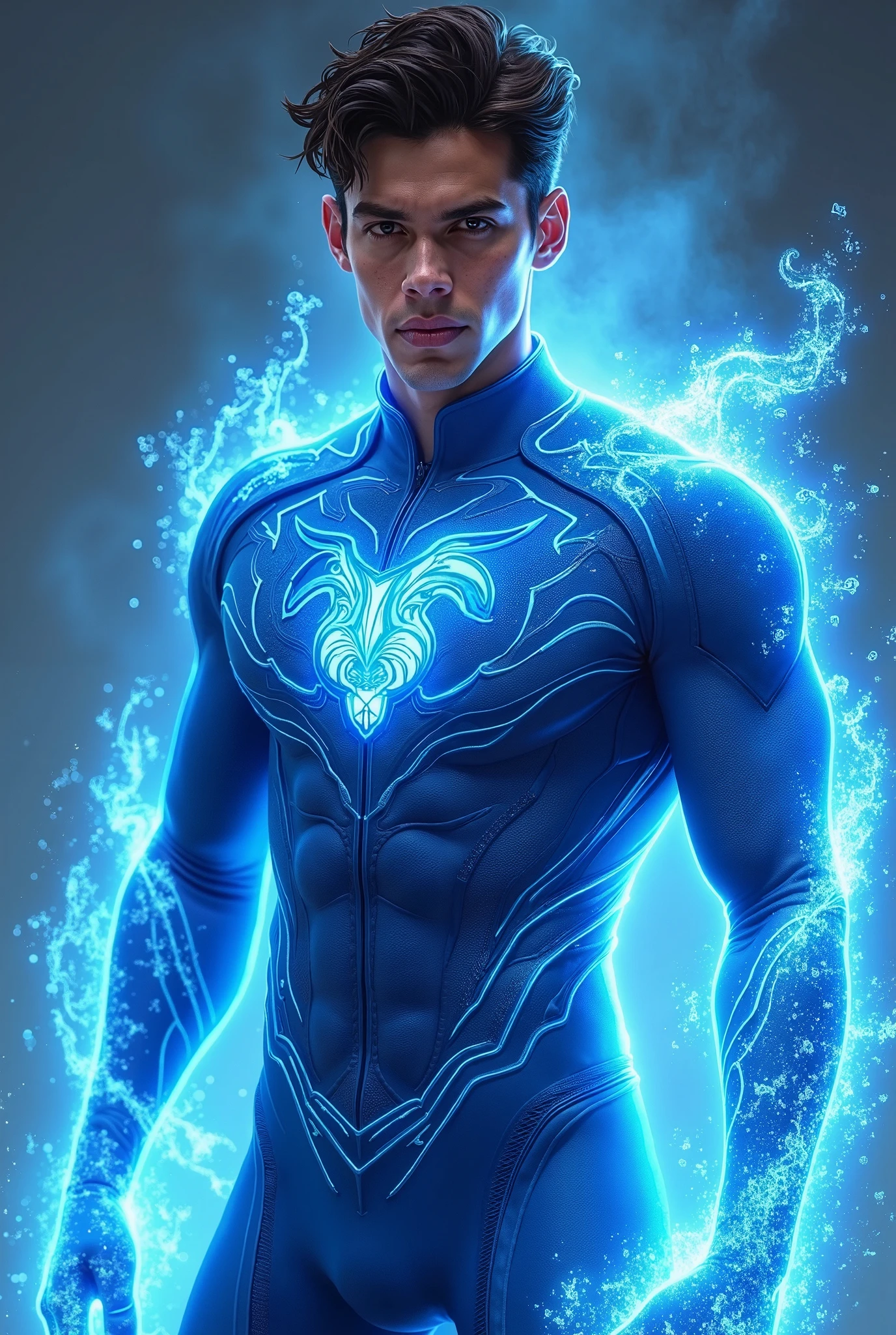 Body blue illuminated,a divine male, ethereal form, radiating a sense of spirituality, blue illuminated