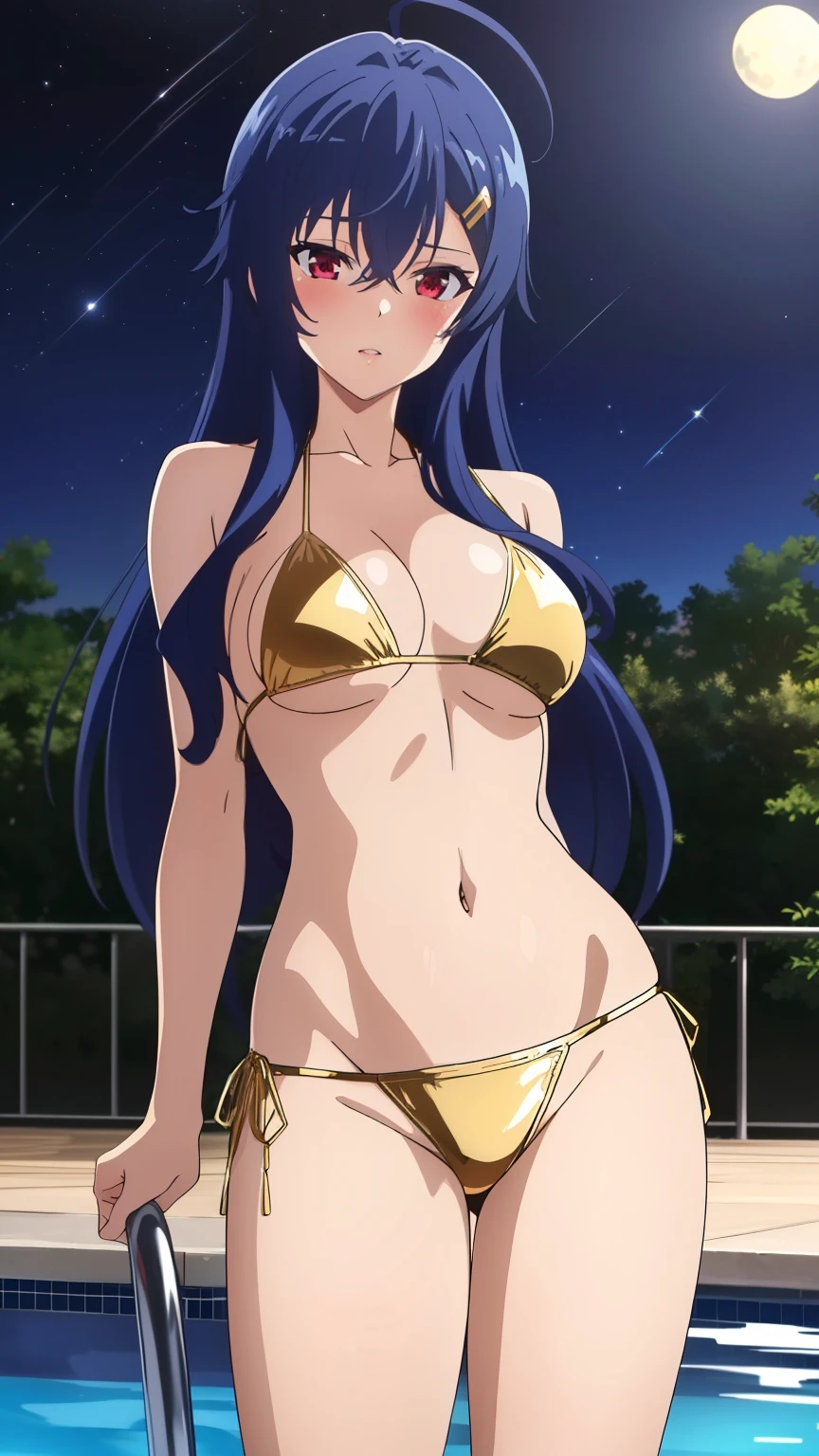(Top quality, masterpiece, 8k), (Realistic skin texture), (anime coloring), very detailed, very detailed, beautiful eyes, perfect eyes, detailed eyes, feature large highlight, detailed face, ultra-detailed, detailed eyes, symmetrical eyes, (dynamic angle), sharp details, reiko, 1girl, solo, standard height, blue hair, long hair, hairclip, ahoge, (red eyes), (slender), (slim), (medium breasts:1.2), (nffsw), ((gold bikini:1.3), thighs, blush, pool, night sky), (sexy pose:1.3)), (cowboy shot:1.2),