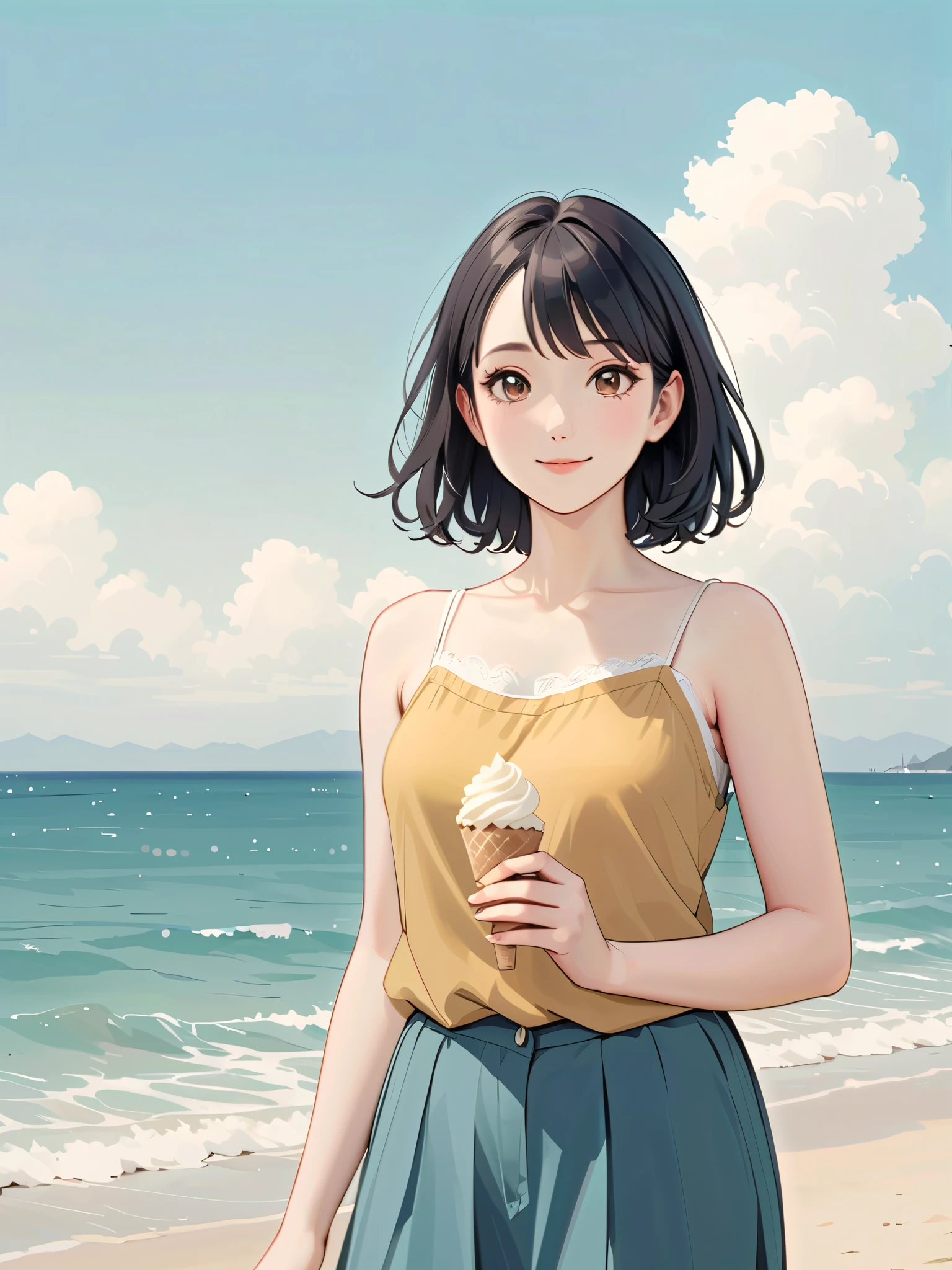 Santiago Carso style , Alessandro Gottardo's Style, flat coating , (( top quality)), illustration, Eva Poklevska as Mike Azevedo=Gojewo,Cartoon doodles , standing on the beach 、 White Clouds , 30 years old, japanese, casual wear, one woman, camisole, upper body, medium sized bust, smile, painting, painting style, holding icecream,
