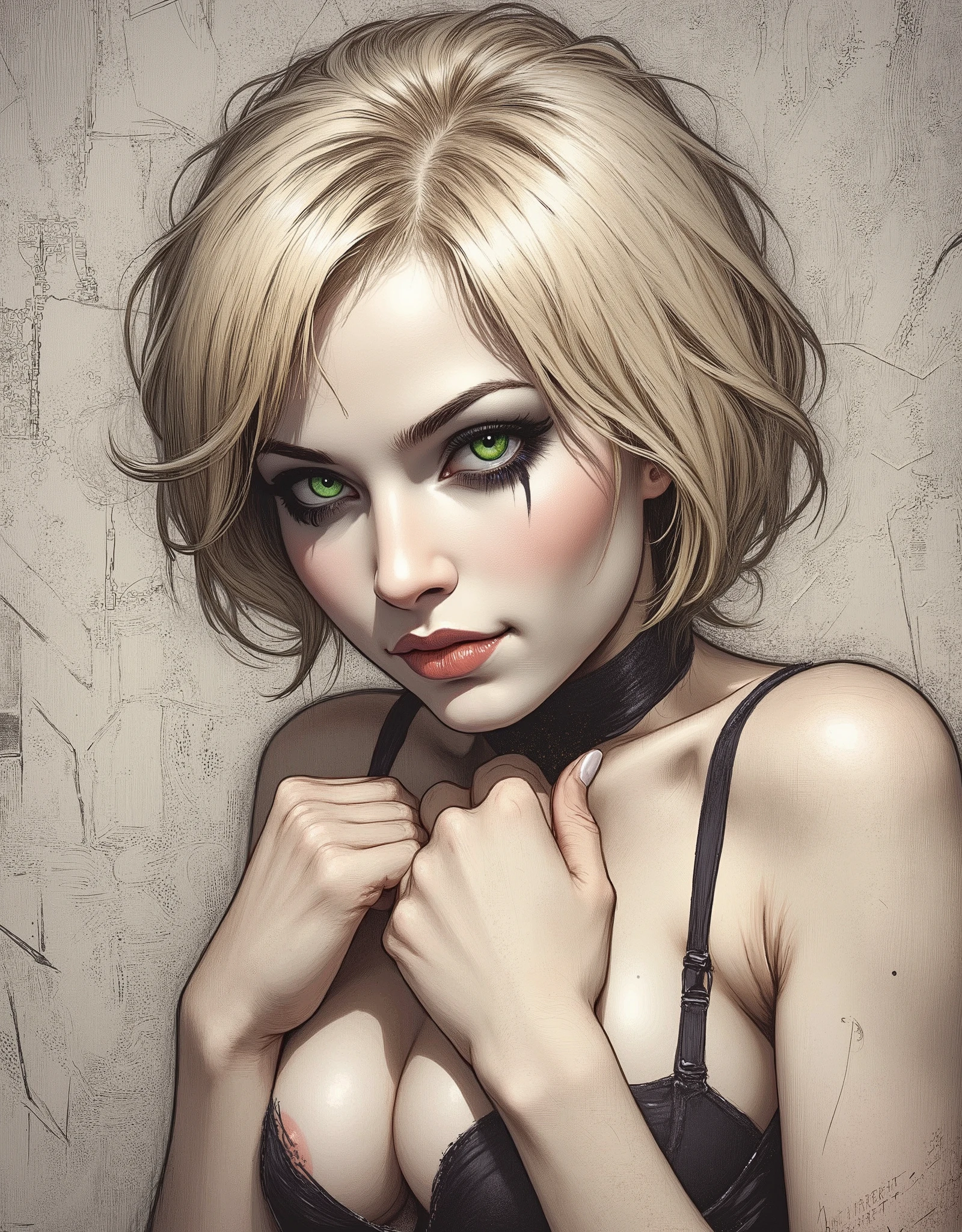 score_9, score_8_up, score_7_up, score_6_up,
fusion of watercolors and oil paintings, mix of monochrome and color, black ink. A beautiful woman with short, fluffy and messy blonde hair, exuding a natural and casual temperament. Her eyes are bright, she is wearing a sexy revealing black lingerie, the woman is slightly sideways, gently holding her tits with her hands, the corners of her mouth are slightly raised, soft warm tones background.Her expression is intense, with a slight smile. The textures are finely detailed, from the smoothness of their skin to the softness of their hair. The artwork combines elements of fantasy and gothic styles, with a focus on intricate details and a sense of depth and movement. clean line art, conveyed through expressive rough charcoal sketch marks on a distressed, old paper texture, with visible deckle edges and subtle tears, coming undone, into black ink, fading into the textured gray background. The woman’s bright, piercing green eye contrasts sharply against the chaotic patterns, evoking a sense of ethereal elegance. Her expression is intense, with a slight smile. The textures are finely detailed, from the smoothness of their skin to the softness of their hair. The artwork combines elements of fantasy and gothic styles, with a focus on intricate details and a sense of depth and movement. clean line art, conveyed through expressive rough charcoal sketch marks on a distressed, old paper texture, with visible deckle edges and subtle tears, coming undone, into black ink, fading into the textured gray background. The woman’s bright, piercing green eye contrasts sharply against the chaotic patterns, evoking a sense of ethereal elegance. 