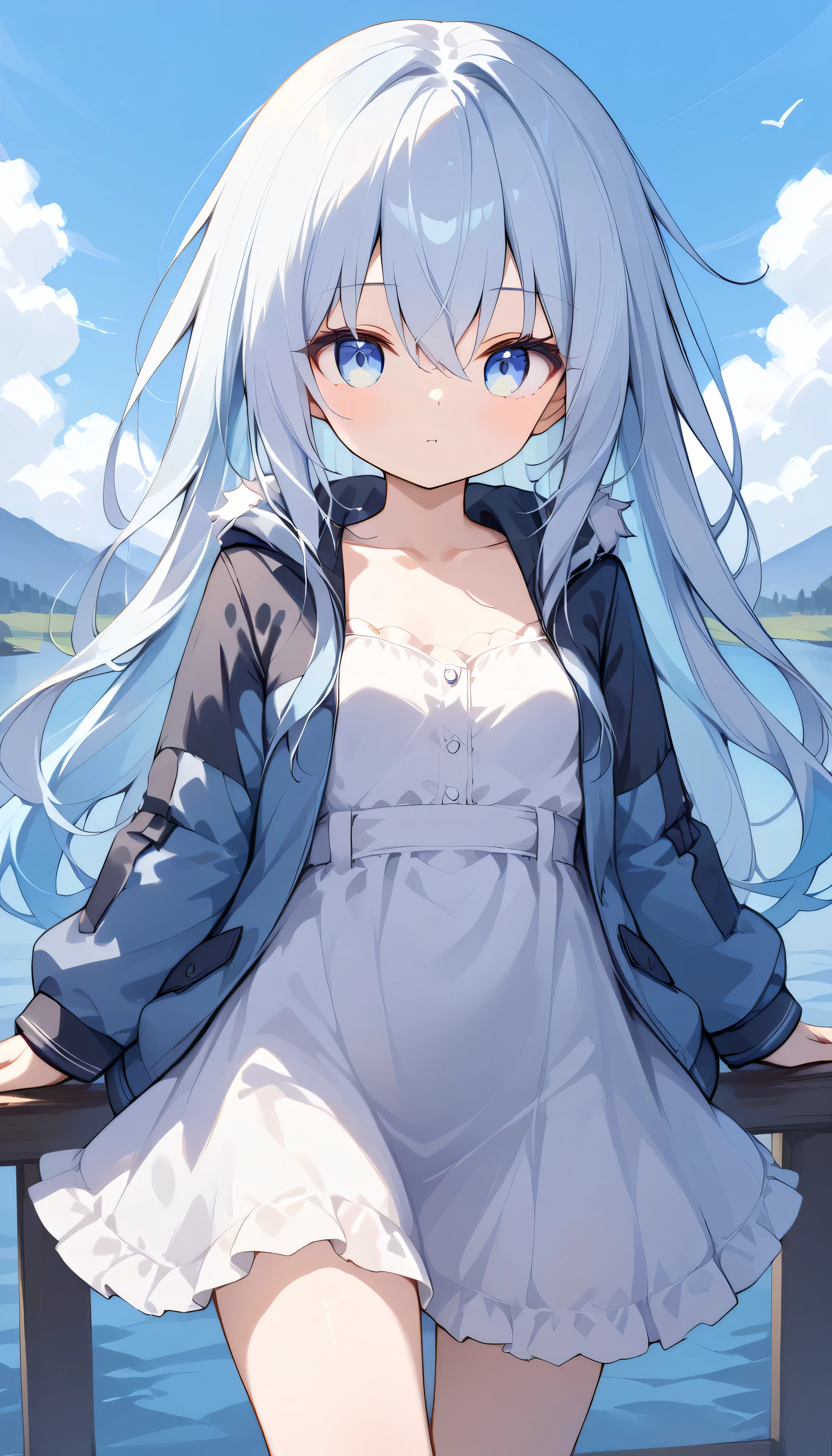 hibikikc , long hair, White hair, blue eyes small breasts petite body 1 girl, Alone, eyebrows visible from inside hair , hair between eyes, watches viewers, masterpiece, top quality, very aesthetic, light blue inner hair, multicolored hair simple dress denim jacket Outdoors blue sky lake