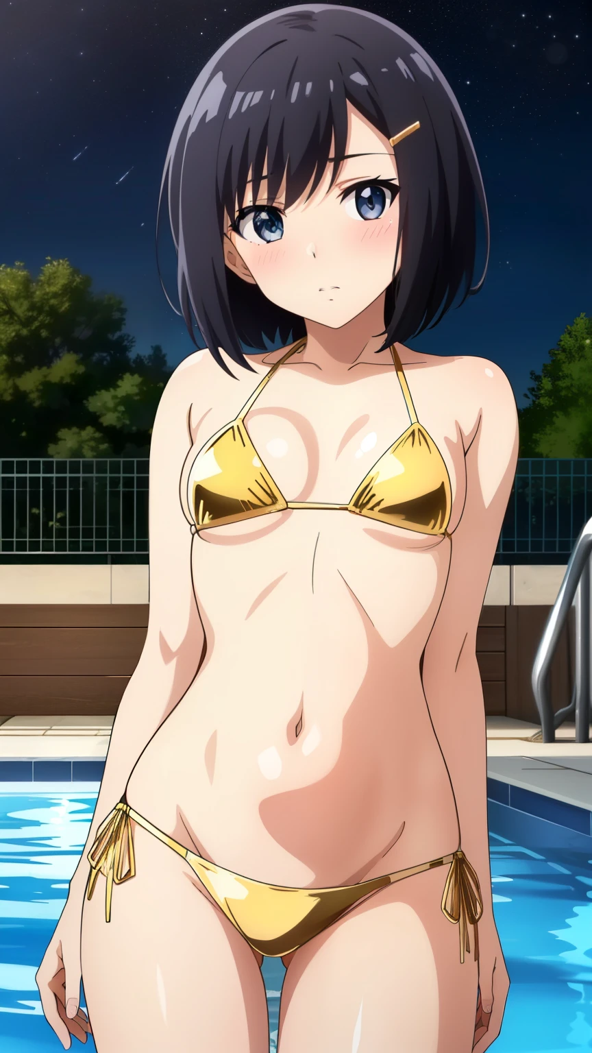 Fully nude, target shot, no panties, sad smile, stretching, detailed face, open mouth, feeling, sweat, small breasts, cute, armpits, hands up, bowlegged, nipples, black hair, black eyes, short hair, demure, poolside, focus on face, male nude model in front (Water squirting from nipples:1.2(Subjective)) 4fingers and 1thumbs