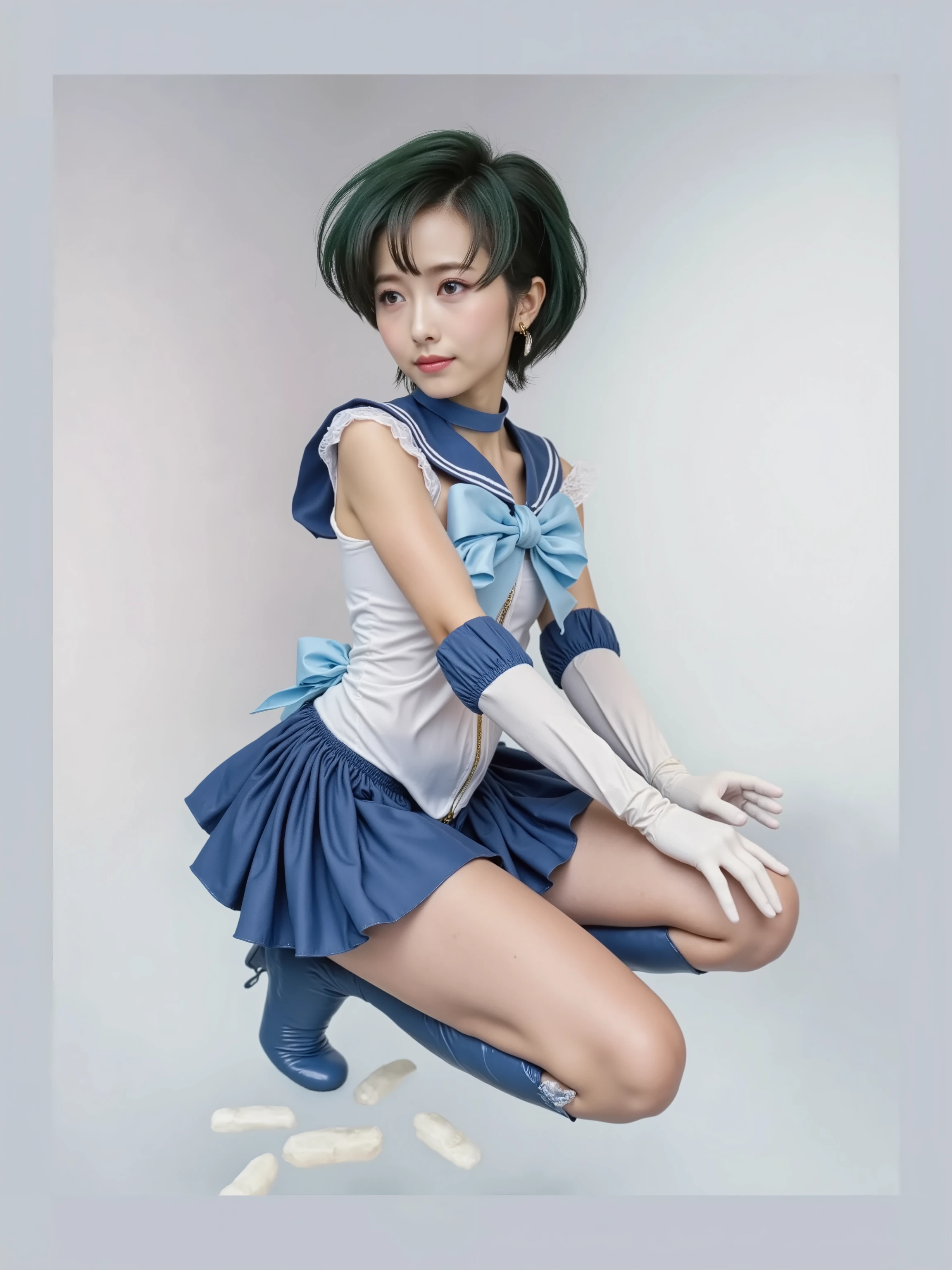 background 、((( Long White Latex Gloves , Beautiful Women's White Latex Gloves , shiny blue latex knee-high boots )))、((( Show off your legs with black tights that fit .)))、((( Legally express the beauty of your smile )))、(((( make the most of the original image )))、((( Sailor Mercury Costume for Beautiful Legs )))、((( Sailor Mercury Costume for Beautiful Legs )))、((( beautiful hair)))、((( Crying pain )))、((( wear black tights ....、Wear red boots)))、(( top quality 、8k))、(( top quality 、8k、 Masterpiece:1.3))、(((Save the background )))、 Strong concentration:1.2、 slim abs :1.2、 wet body:1.5、 high resolution face and skin texture 、8k aperture F2 .8,