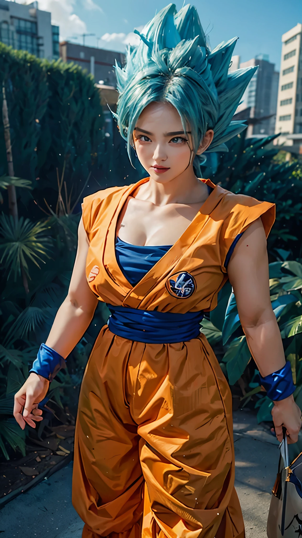 A realistic depiction of a tall Japanese woman cosplaying as 'Goku Super Saiyan Blue' from the anime Dragon Ball. She has spiky blue hair, bright blue eyes, a sexy body, large and firm breasts, a slight cleavage, shiny thin lips, beautiful eyes, and a pose that is confident yet feminine. Her outfit consists of an orange gi with a blue undershirt, detailed textures, and a design that fits the body (((Son Goku Super Saiyan outfit))). Her figure includes curvy hips, clear contours, and a realistic depiction of the cleavage and vagina. The background is a bright urban street with modern buildings faintly visible in the background. Realistic.