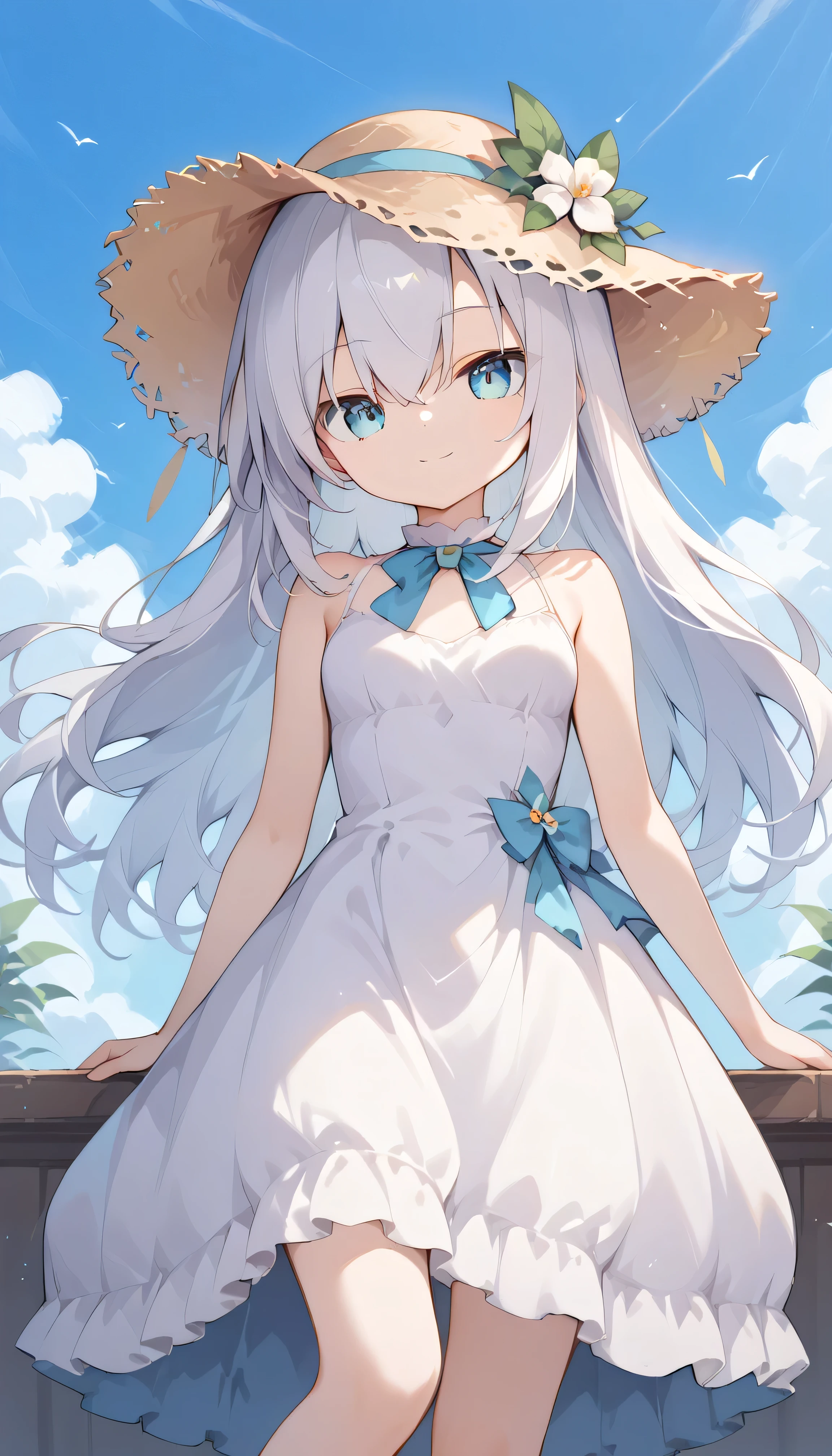 long hair, White hair, blue eyes small breasts petite body 1 girl, Alone, eyebrows visible from inside hair , hair between eyes, watches viewers, masterpiece, top quality, very aesthetic, simple dress smile Compa blue sky Outdoors straw hat