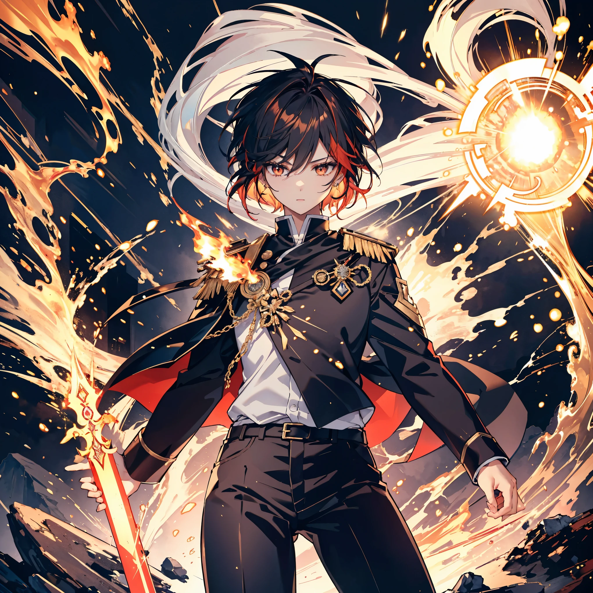 high quality, masterpiece, delicate hair , delicate eyes full of determination, high quality, man, handsome man, sharp golden eyes, neutral expression, bright red hair, golden eyes, mysterious look, muscular, wearing a messy black shirt, black skinny pants, sword, sword master, cloudy sky background, detailed anime style illustration, intense facial expression, aura of hidden power, flames and sparks, highly detailed, strong shadows, ash, ice, ink splash, color splash