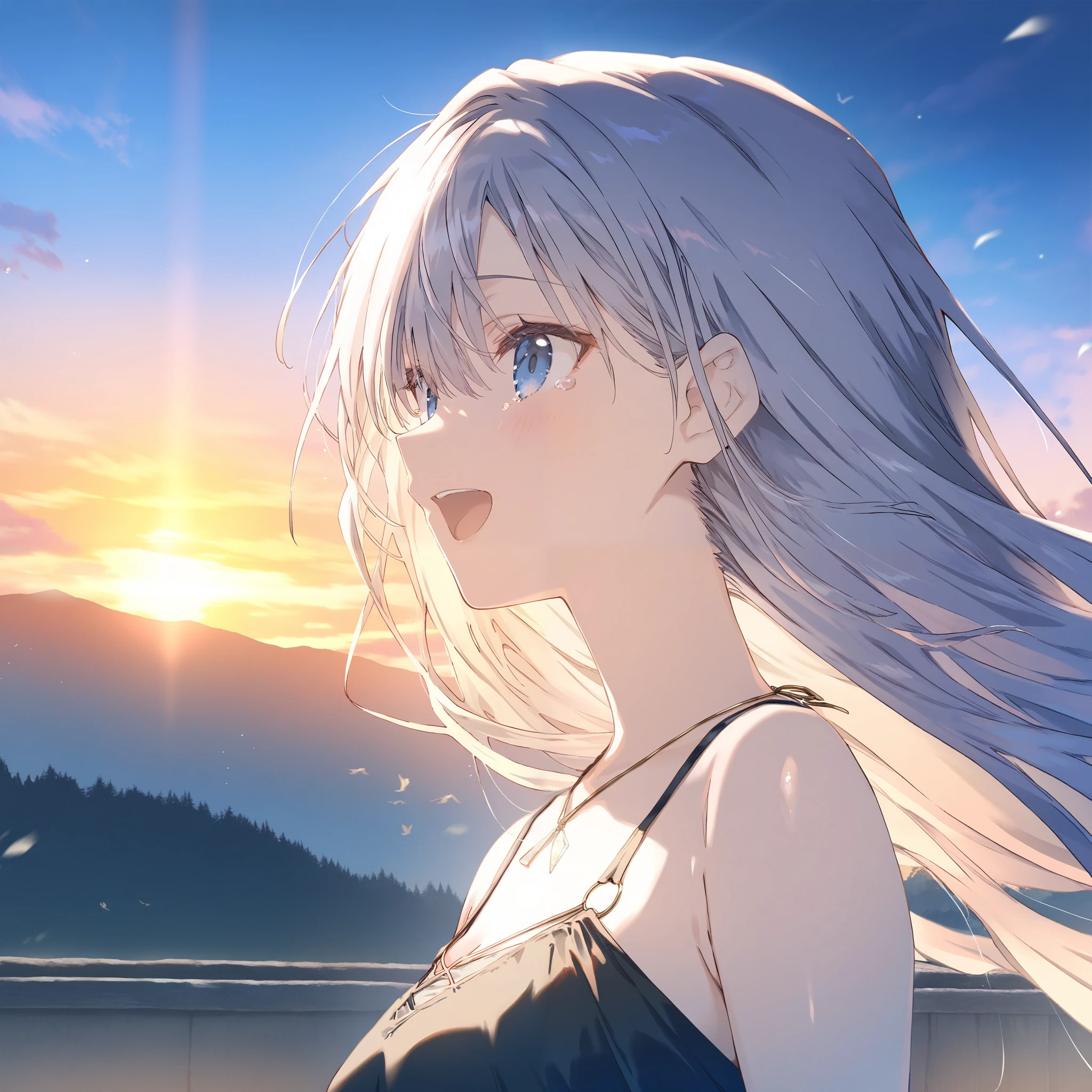 Cut, beautiful detailed eyes,open mouth, sunset, Smiles, tears, outdoors,wind,fantasy, game CG, break,(artist:mitsumi_misato),artist:fujiyama,artist:kokonoka, break,(masterpiece), (best quality), (ultra-detailed),(Detailed Lighting), very aesthetic, newest, beauty illustration,super detailed skin, (masterpiece), (best quality), (ultra-detailed), very aesthetic lighting,newest ,hi res,absurd_res,shiny skin,2023, shaded,digital media (artwork), realistic lighting, 16k, 8k,highres, source_anime, official_art, photoshop_(medium)