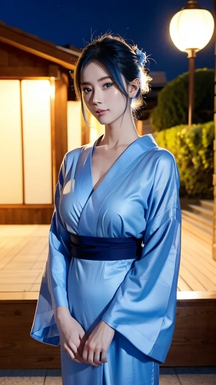 xenovia, masterpiece, best quality, CG, wallpaper, HDR, high quality, high-definition, extremely detailed, blue hair, yellow eyes, hair in a bun, beautiful, beautiful woman, perfect body, perfect breasts, wearing a kimono, wearing earrings, wearing watch, being in the garden, cherry tree, traditional Japanese house, looking at the viewer, a slight smile, realism, masterpiece, textured leather, super detail, high detail, high quality, best quality, 1080p, 16k, showing shoulder