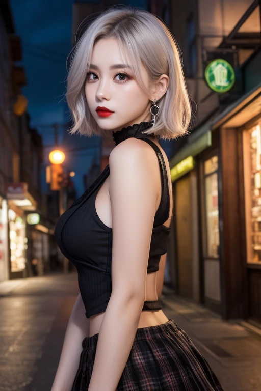 Highest quality, masterpiece,Gray Hair, Silver Hair、Golden Eyes,ゴシックpunkの衣装、look up, Upper Body,Hair bundle,Fair skin,(realism:11.5、Realistic、Realistic)、black、Earrings、amount、Gothic skirt、Goth_punk, One Woman、alone, short hair,  ((Midnight、Neon Town)),  Looking at the audience, short hair, Cute Face、Portraiture, Side Lock、masterpiece、Highest quality、Best image quality、Highest Resolution、Very detailed、Super exquisite item、Realistic textured face and body、Small breasts:1.3、Tight waist、Deep Red Lipstick、Swollen eyes、Red eyeshadow、Dynamic pose、