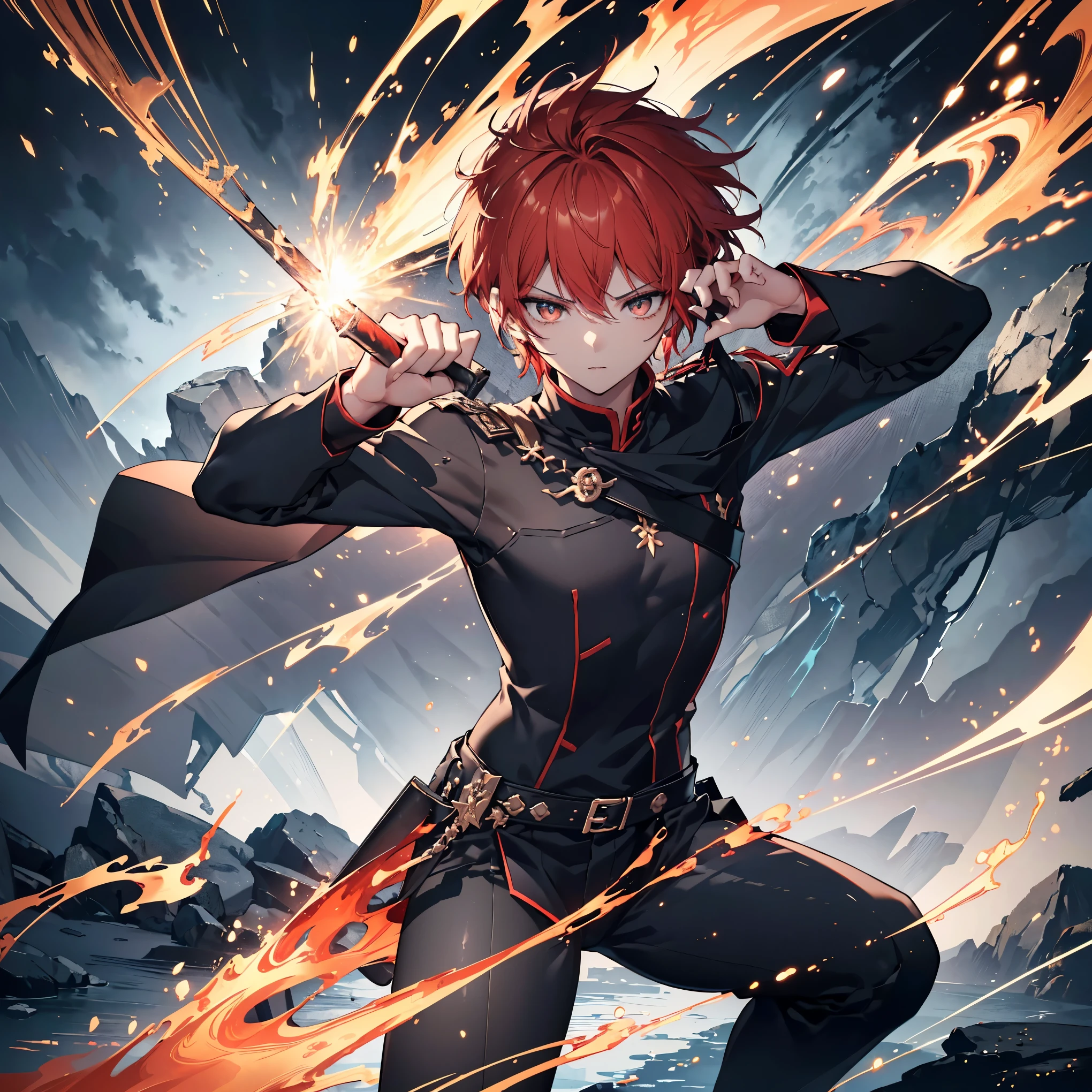 ((male, handsome male, sharp golden eyes, androgynous face, bright red hair)), ((golden eyes, mysterious appearance, muscular, wearing disheveled black shirt, black skinny pants, red dual swords, dual-handed sword stance, precise sword stance, swordsmanship posture)), ((masterpiece)), ((proper hand anatomy:1.4)), ((proper body anatomy:1.4)), ((proper leg anatomy:1.4)), ((best quality, delicate hair, delicate eyes, ultra-detailed,)), sword master, (dynamic pose, battle stance, cloudy sky background, detailed anime style illustration, intense expression, aura of hidden power, flames and sparks, extremely detailed, strong shadows), ash, ice, ink wash painting, ink splashing, color splashing, action lines, motion blur, dramatic lighting, sword reflection