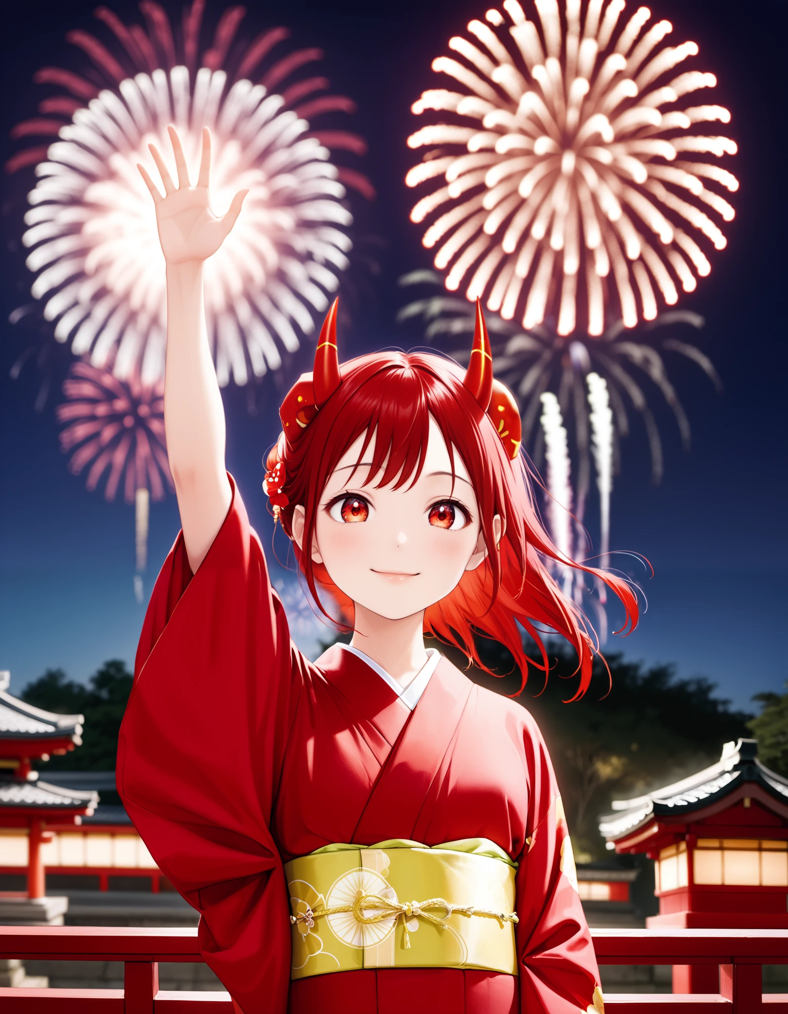 score_9, score_8_up, score_7_up, (1girl, solo), ars old, upper body, black long hair, red eyes, (red demon horns:1.4), kimono, (raised one arm, good-bye pose), smile, Japanese ancient capital, (night sky, aerial fireworks)
