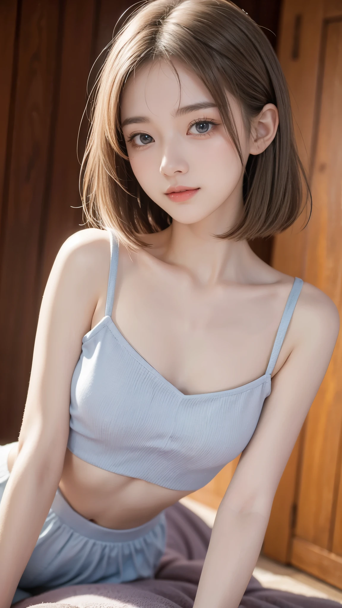 With the best image quality、age girl standing in room。Black Hair Bob Hair、Cute smile.。((tiny chest))、Cute Blue Bra、Wearing cute blue panties。