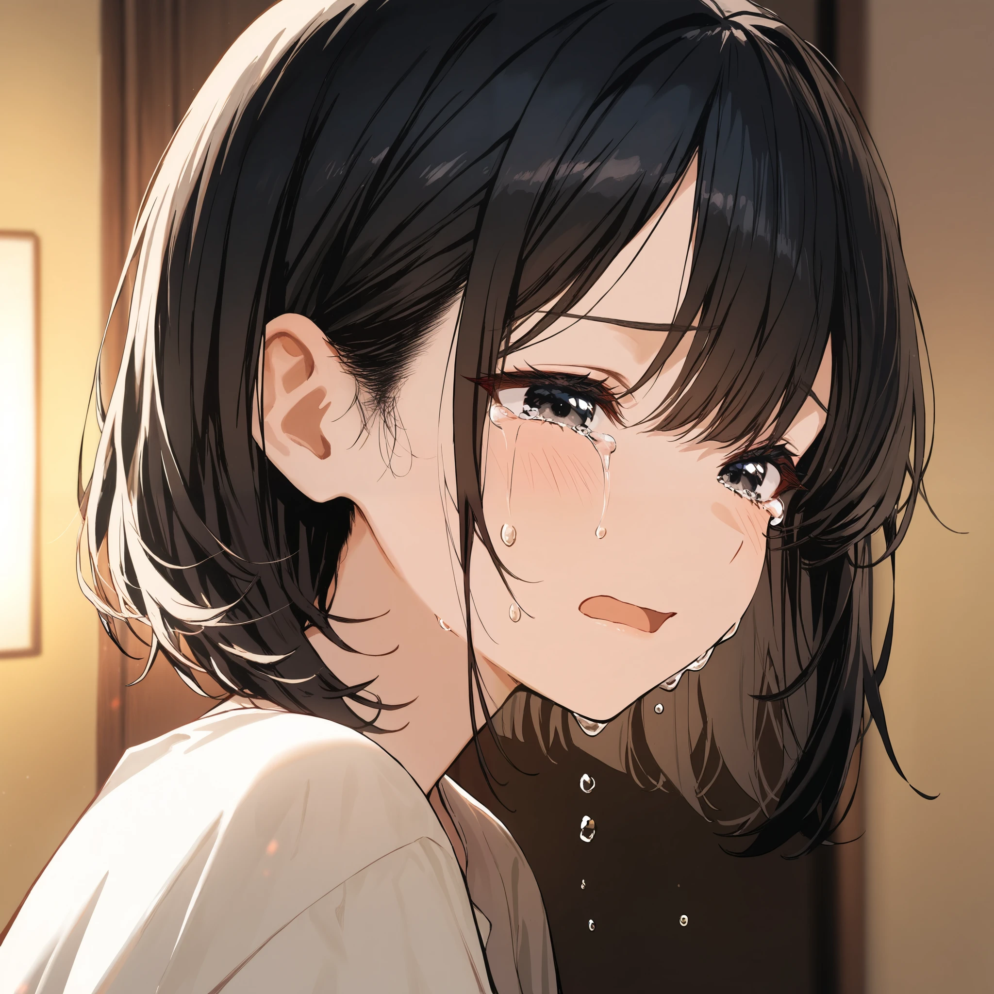 A girl, Black short hair, black eyes, a girl crying alone in her room, short hair, Bedroom corner, sad, beautiful detailed eyes,open mouth(masterpiece), (best quality), (ultra-detailed),(Detailed Lighting), very aesthetic, newest, beauty illustration,super detailed skin, (masterpiece)(best quality)