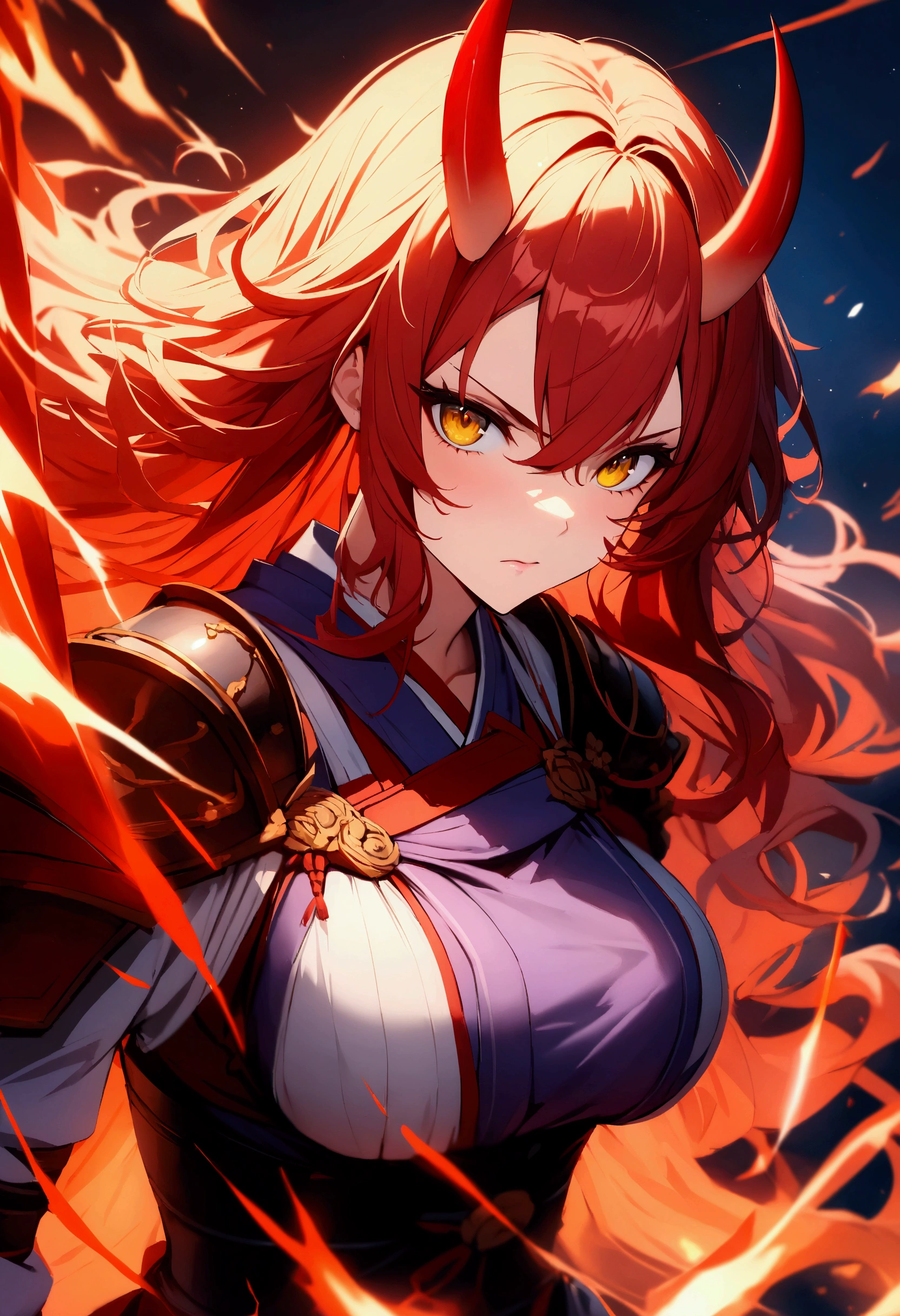 Long red ponytail Red fox ears and nine fox tails Very large bust Hakama with a red jacket Sword Flames Older sister