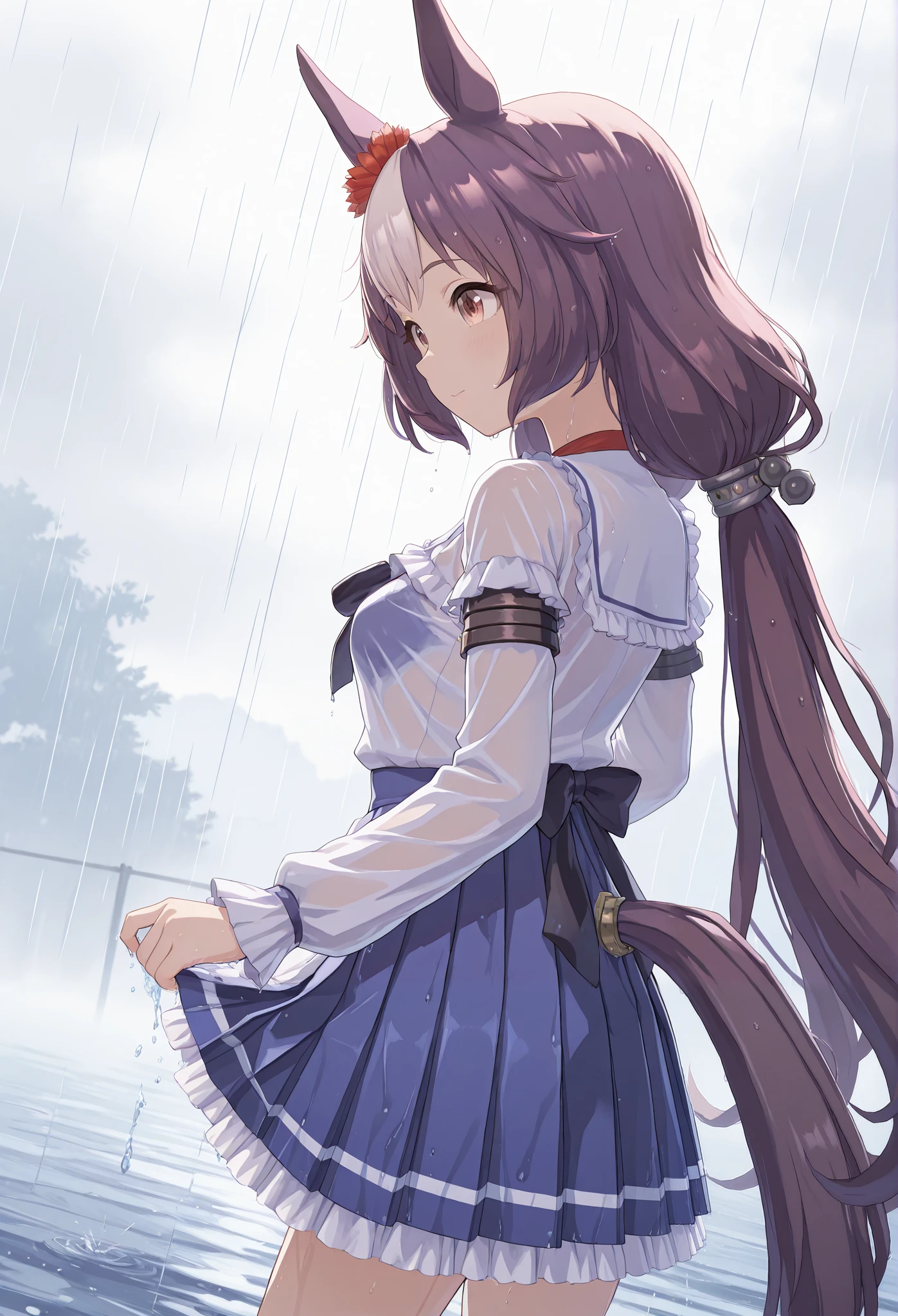 {{{Racecourse:1.6}}} {{{ 【          focusing on upper body        :1.5}}},(         high resolution),(         high resolution), (                Unity 8K Wallpaper),(         detailed image         ), {{{Type Moon   :1.7}}},((draw:1.5)) :Yaman's Zephyr   \{{{Uma Musume\}}}, ,{Right Ear Ornaments } \( Uma Musume\),{  pastel purple hair  }
   A shirt that is transparent in the rain, pleated skirt, frills,   miniskirt,  sneakers A young woman standing in the rain  ,   Her clothes are soaked and clinging to her body  . She is   squeezing water out of her sleeves and skirt  ,   drops of water falling off the fabric  .   Her expression is slightly I'm frustrated but I'm relieved .   wet hair sticking to her face and shoulders  .   The background is a rainy street 、 puddles reflect the city lights . {{{  squeezing water out of her sleeves and skirt  }}},{{{ squeezing the skirt with her hands  :1.7}}} {{{ see through}}}