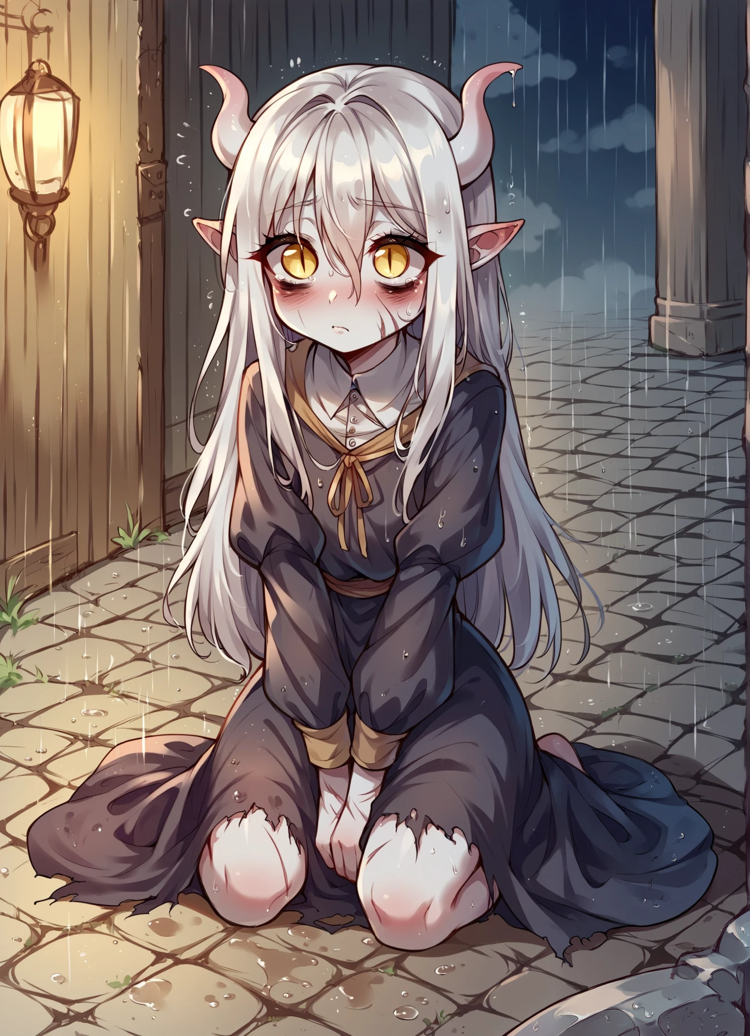 ultra-detailed, masterpiece, masterwork, high quality, best quality, hdr, (prison), posted on e621, (by hioshiru), nsfw, female, solo, (white little body dragon), hairy dragon, (long silver hair, yellow eyes, blush, sad, white chubby body), sitting, from below, dynamic angle, (nude, restrained, shackles), stain body, (little pee puddle)