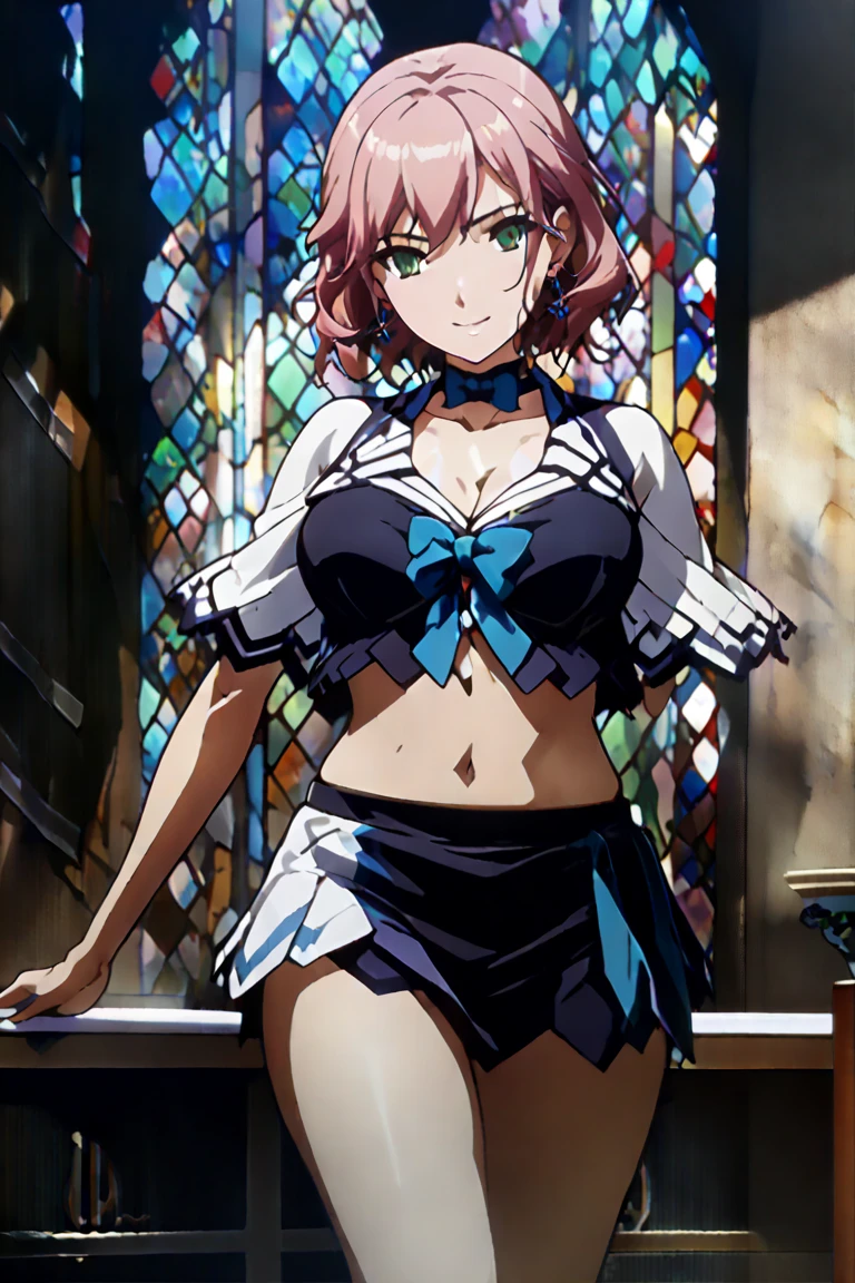 masterpiece, best quality, detail hair, detail eye, detail face, detail hand, detail legs, detail body, Kyouko_mahoushoujo,(large breasts:1.3), Pink Dress, Puffy sleeves, Elbow hand pockets, Hair Ribbon, View your viewers,