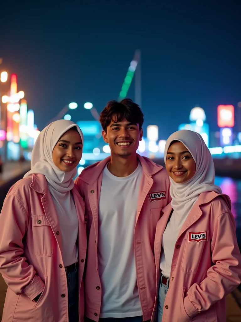 ((3 hijabless man wear jacket), (2 hijabbed woman), (1 hijabless age girl)), casual fashion, happy expression, just concentrate, all white skin, crowdless, extreme detail, masterpiece, 4k, gaming character, 3D character, proportional, cinematic lighting