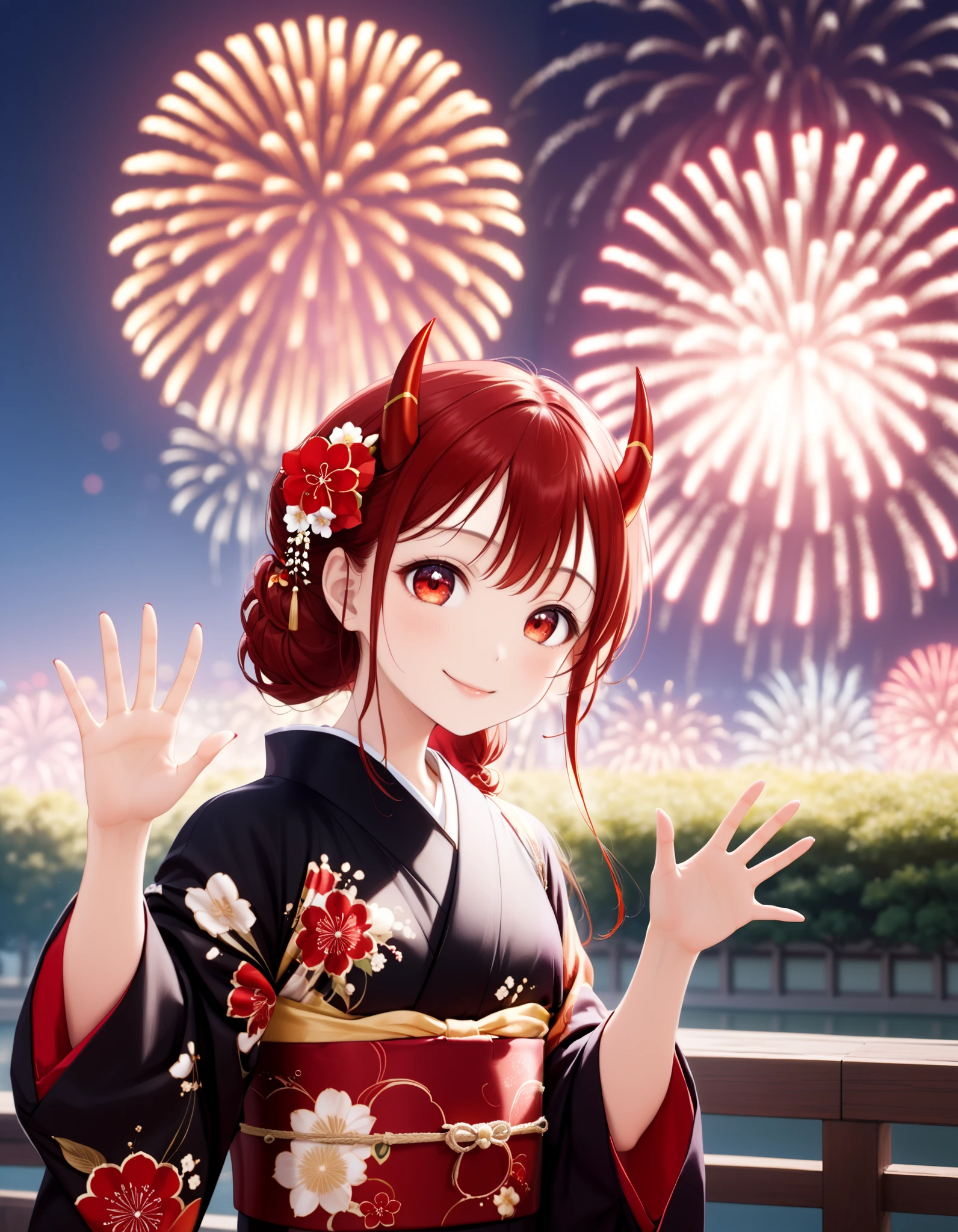 score_9, score_8_up, score_7_up, (1girl, solo), ars old, upper body, (black long hair, black kimono), red eyes, (red demon horns:1.4), kimono, (open hand, waving hand, good-bye pose), smile, Japanese ancient capital, (night sky, aerial fireworks)