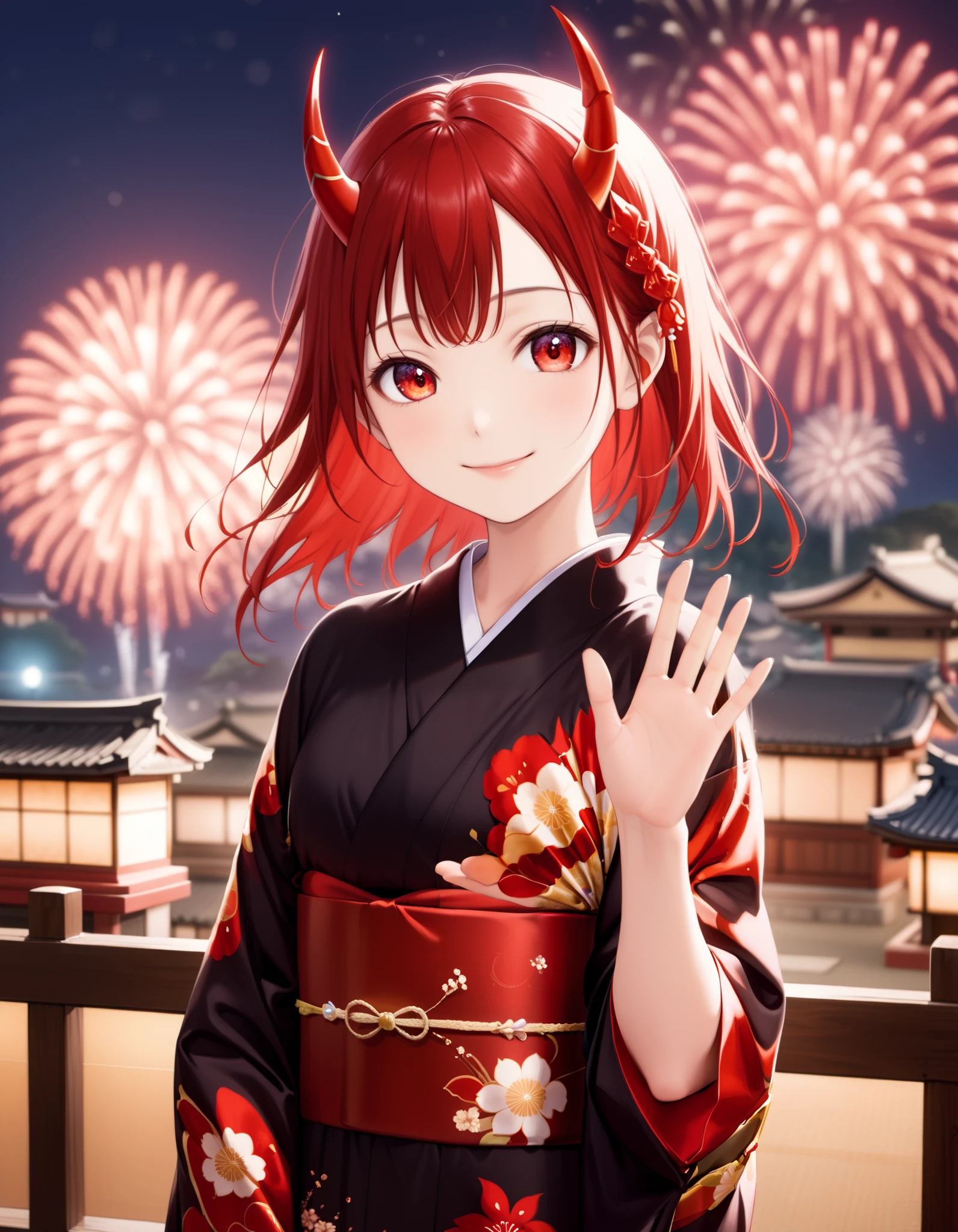 score_9, score_8_up, score_7_up, (1girl, solo), ars old, upper body, (black long hair, black kimono), red eyes, (red demon horns:1.4), kimono, (open hand, waving hand, good-bye pose), smile, Japanese ancient capital, (night sky, aerial fireworks)