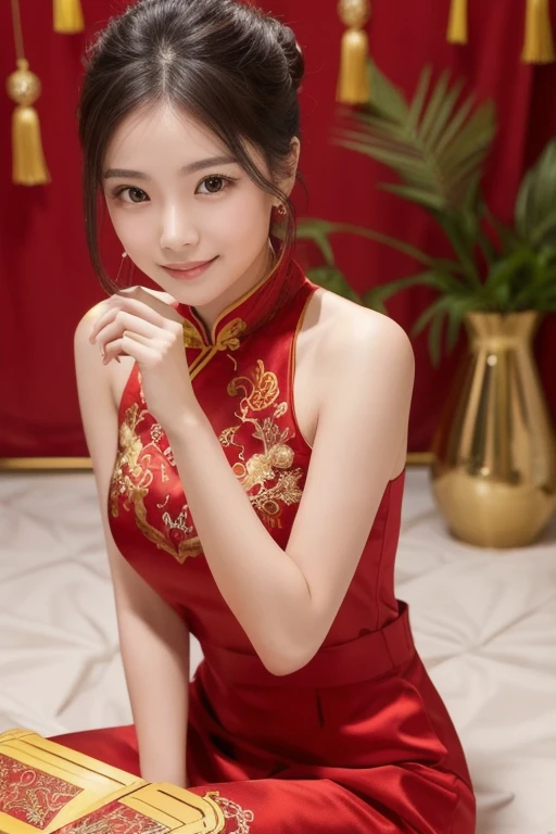 (lively),(playful),(chai pao),(Colorful prints),(energetic pose),(bob haircut),(accessories: flower),(bright look),(dynamic movement)、(real 8k, Raw photo, realistic: 1.25), (lip gloss, eyelash, shiny face, shiny skin, highest quality, ultra high resolution, written boundary depth, chromatic aberration, caustics, wide range lighting, natural shading, K-POPアイドル) 、21 years old、7 beautiful women、Slender, muscular, perfect body、small breasts、(Shiny red cheongsam mini sexy design costume)、((Sexy thighs sticking out))、((Red cheongsam dress with holographic design))