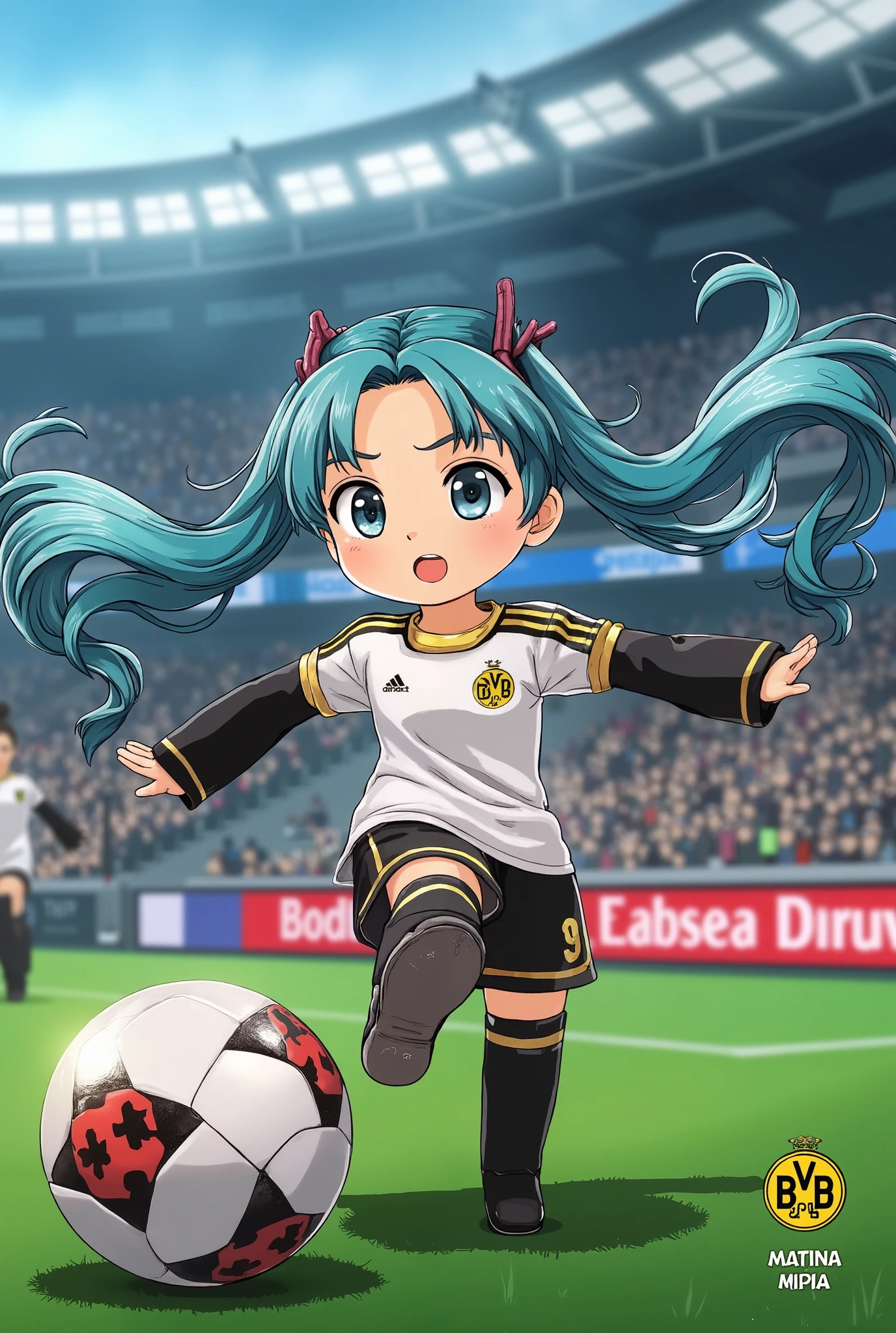 (Masterpiece、 top quality、 top quality、 Official Art、 beautiful and beautiful :1.2)、( one girl:1.3) Hatsune Miku、 twin tails, beautiful breasts, (( chibi:1.5)), ( Masterpiece), ( top quality), high resolution, Super Detail, photorealistic, 8k, A complicated face, detailed body, detailed face, female soccer player in Spobra, soccer uniform, soccer stadium , on my face, playing soccer, kicks a soccer ball, Highly athletic , dynamic pose, Borussia Dortmund