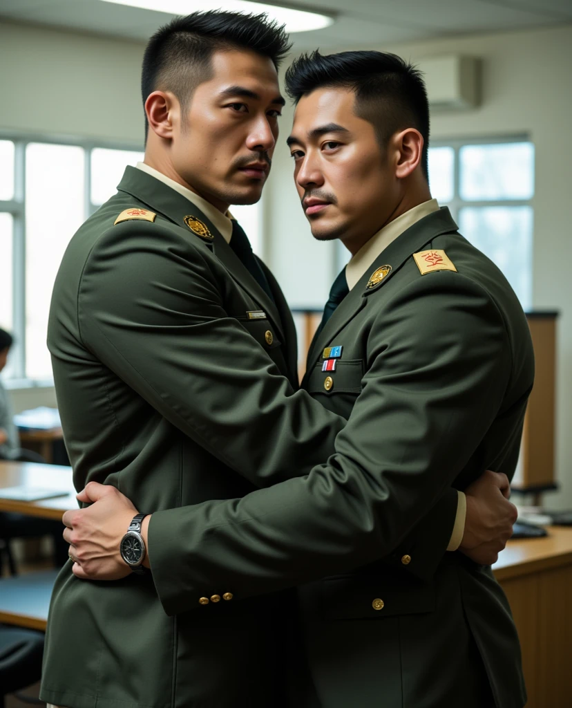 Two asian men hugging, 39-years-old, a short beard, muscle chub, trunks, Open-chested military shirt uniform, exposes the penis, complete penis, in the center of the alley at night, moon, lantern, Full Frame, Professional Lighting