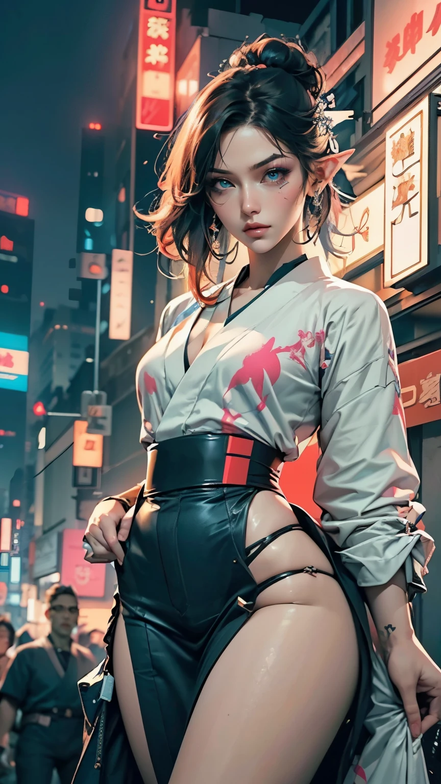 a girl, beauty elf, cool posing, extremely beautiful, strong gaze, whole body shot, shoot from below, (extremely detailed face, closeup, detailed eyes), mischievous smile, cheerful, fair skin, detailed skin, graduation color hair , blunt bangs , perfect figure, seductive body, (beautiful skinny legs, slim thigh ), ((cyberpunk cool kimono style , blue and white cyberpunk kimono clothing, cyberpunk kimono:triangle shaped hole on her chest, thight middle skirt, visible thong straps, (additional future technology gear, neon lighting , glimmer), )), (ultra extremely intricate cool design , detailed description of cyberpunk style), ultra high resolution realistic, masterpiece, the top quality, ultra detailed, Uncompromising pictures, masterpiece, incredibly Absurdres, Highest quality, Perfect Anatomy, 8k, realistic photo, totally realistic, studio lighting, in the cyberpunk city, glowing lighting, advertisements signs, cyberpunk Yoshiwara city background, ((night, night sky)), cyberpunk
