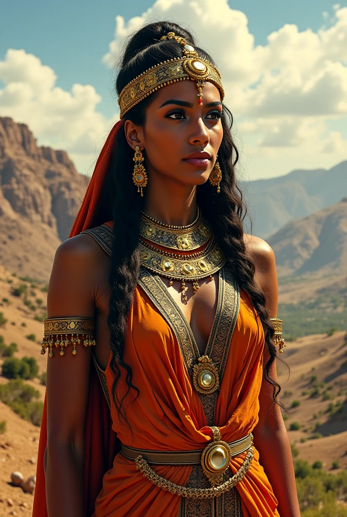 ethiopian warrior woman dressed a darker purple ethiopian dress that has been before 100 years ,she has a necklaces and jeweleries on her hand ,long hair ,she has sword