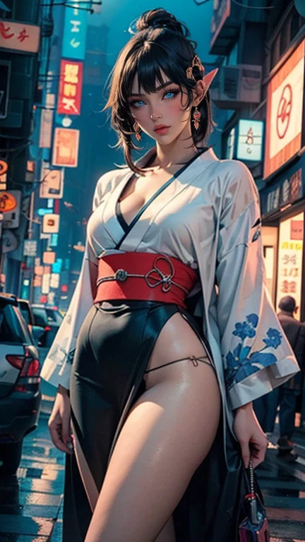 "((extremely detailed CG unit 8k wallpaper, masterpiece, best quality, ultra-detailed)) Beautiful, delicate young and sweet cyberpunk geisha queen with a mechanical arm (well detailed), woman, hot, big breasts, with hair fluttering, hyper realistic, masterpiece, best picture) wearing high ech bejeweled rings and bracelets, wearing a short black white kimono with white flowers drawn, walking looking at the camera (super detailed face and body) giving a sexy smile walking in the Futuristic cyberpunk japan.