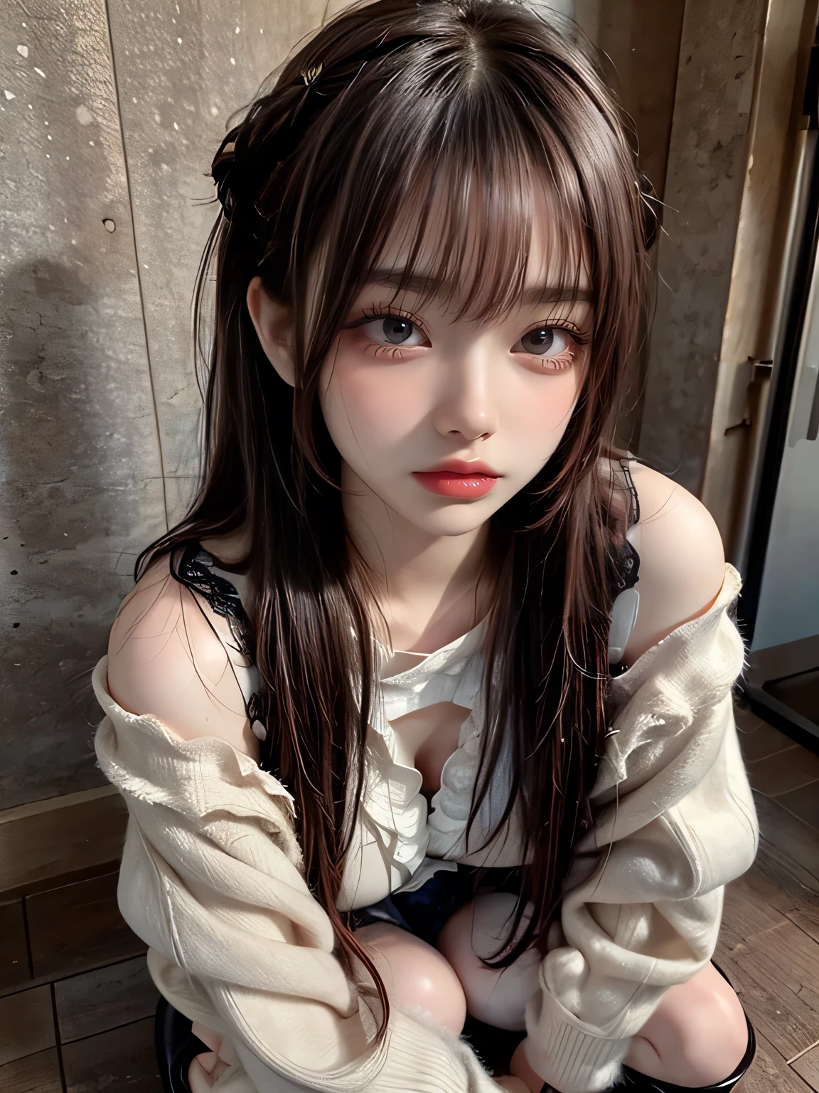 Best quality, masterpiece, ultra high res, (photorealistic:1.4), raw photo, (Authentic skin texture:1.3), (film grain:1.3), panorama, character portrait, very wide shot, narrow waist, cowboy shot, (in the dark, deep shadow, low key, cold light,) night, close-up, streaming tears,
indoor, dust, Tyndall effect, sad, disappointed, gloom (expression), sitting, (against wall), crying, frown, (head bowed), nervous, tearing up, ,
1girl, beautiful detailed eyes and face, white jabot, off shoulder, brown eyes,