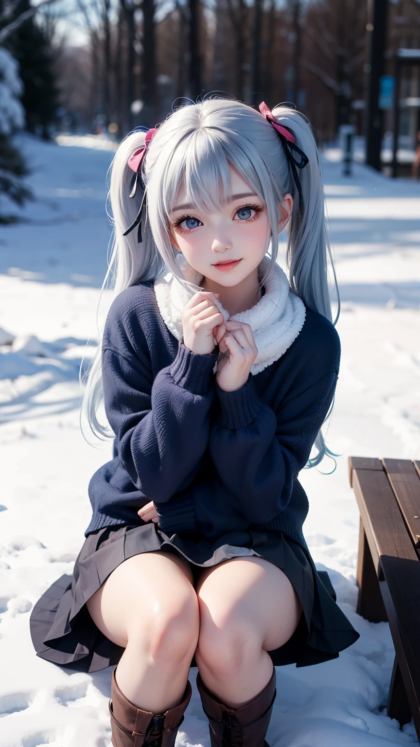 A hyper-realistic, ultra-detailed full-body 3D-rendered image of a -yeld Jaese girl named Kanon. She has a delicate, youthful face with a well-defined, softly contoured jawline, giving her a gentle yet elegant appearance. Her large, expressive light blue eyes shimmer subtly, framed by long, thick dark eyelashes that enhance their depth and natural beauty. Her slightly arched eyebrows complement her eye shape, adding a touch of refinement. Her cheeks have a soft, natural blush, slightly more pronounced due to the cold winter air. Her small, well-proportioned nose and full, rosy lips curve into a bright and joyful smile.
Kanon's signature soft blue hair cascades smoothly in long twin tails, tied with cozy white fluffy ribbons. Her light blue hair flows dynamically, with individual strands moving naturally in the cold winter breeze. The soft glow of the winter sunlight enhances the natural highlights in her hair, making it appear silky and voluminous.
She is wearing a cozy and stylish winter outfit, featuring a light blue woolen coat with elegant silver buttons and a subtle fur-trimmed collar. The coat flutters slightly as she moves, giving a sense of natural motion. Underneath, a white knitted turtleneck sweater peeks out, adding extra warmth and texture. A soft, fluffy white scarf is wrapped around her neck, its ends lifting slightly due to the movement. She wears a pleated navy-blue winter skirt, paired with thigh-high white woolen socks and elegant black winter boots lined with soft fur.
Her pose is playful and relaxed, as she sits comfortably on a snowy wooden bench or a soft snow-covered ground, pulling her knees up close to her chest. Her legs are bent high, her arms wrapped loosely around her knees for warmth. Her feet are lifted slightly off the ground, her boots brushing against the snowy surface. Her expression is soft and cheerful, her lips slightly parted in a warm smile as