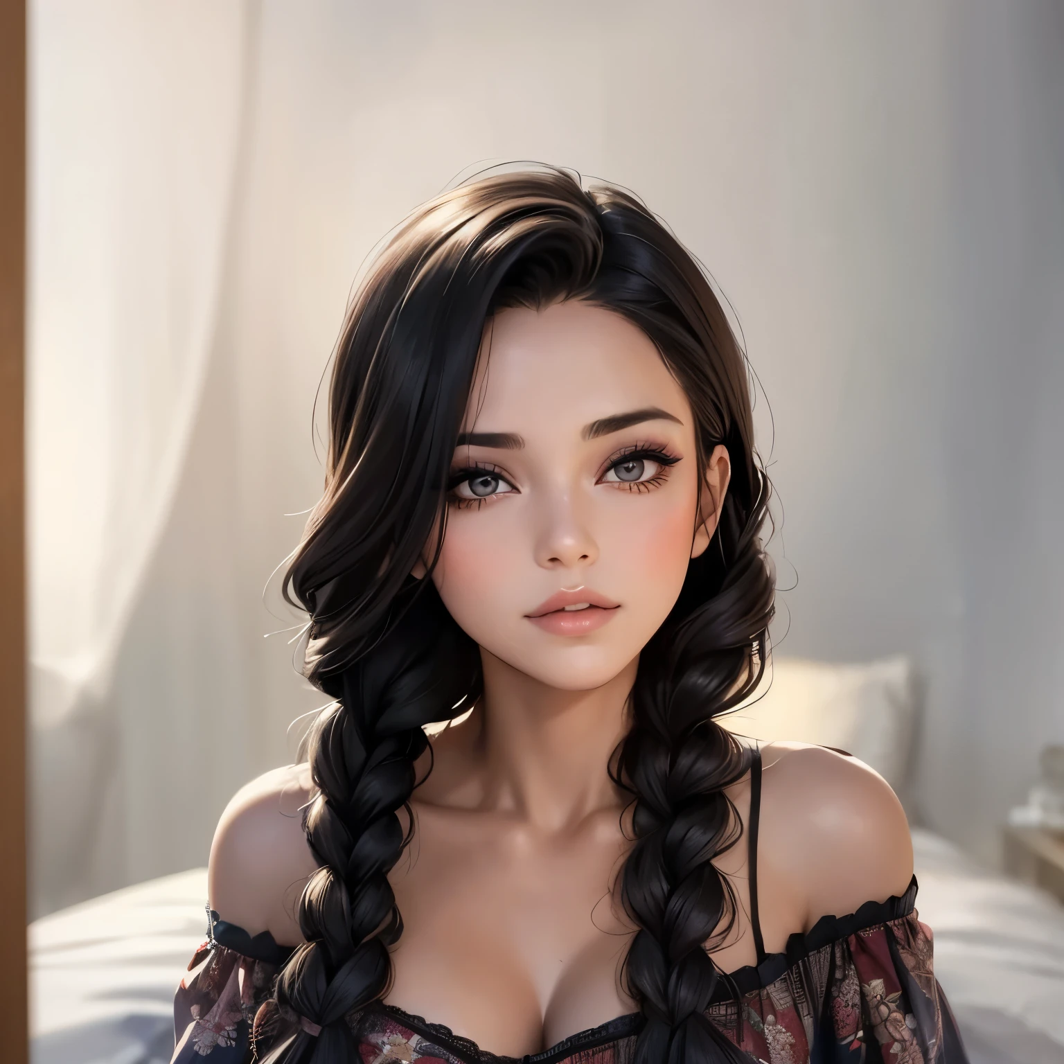 Sexy and cute woman, woman in love, black hair braided, very seductive and soft eyes, blushing hard, pink lips parted, seductive smile, long neck, collarbone, medium chest, cleavage, off shoulder t shirt, bare shoulders