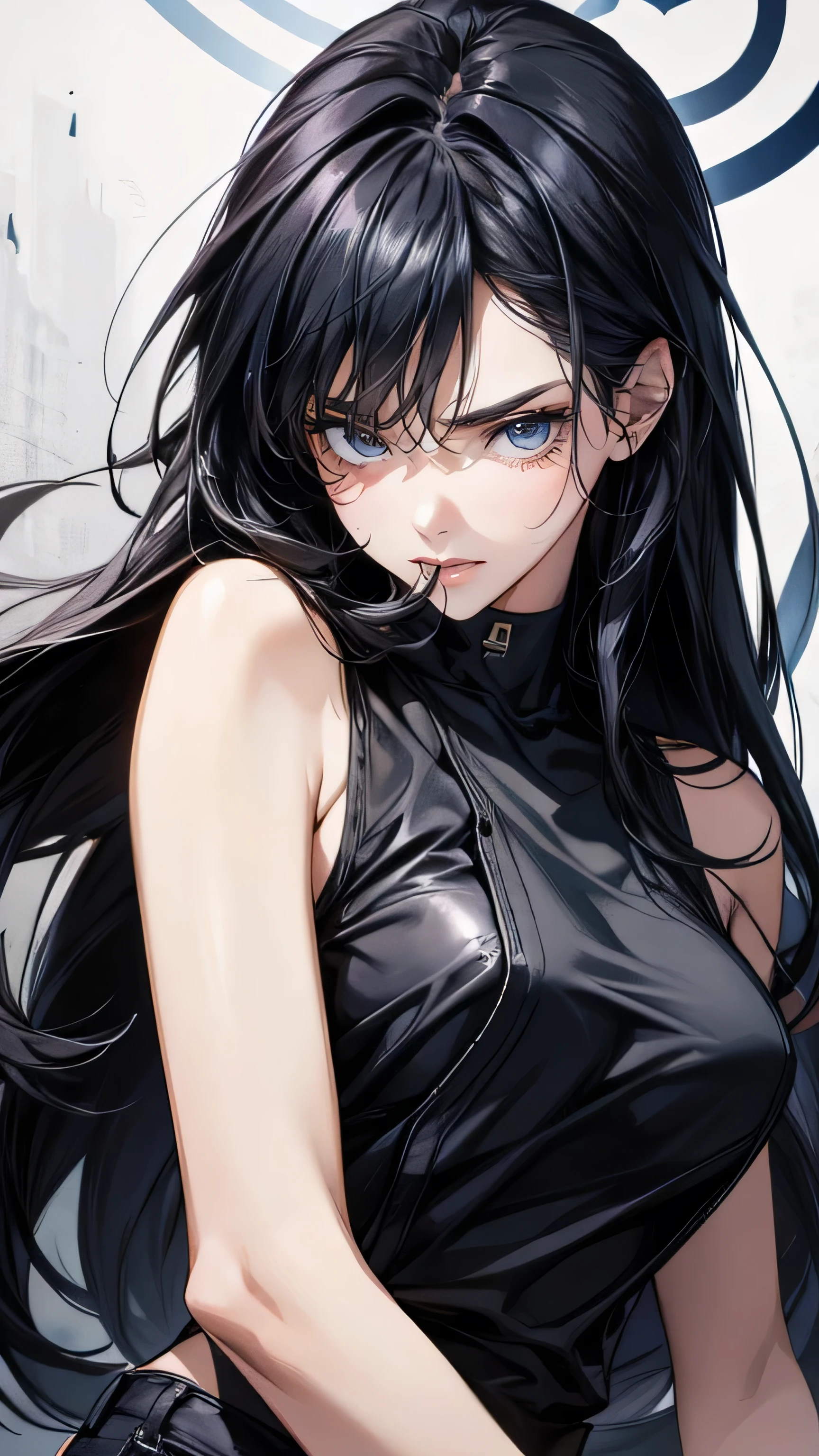 ((Highest quality)), Ultra-high resolution,Adult women, alone, sexy, (Stern face), (Red eyes), Beautiful face in every detail,(High resolution detail of human skin texture), (Black irregular long hair), Black coat,Black suit pants,A mercenary woman,Realistic:1.4,Realistic:1.4,Dark room,((masterpiece)),Perfect Eyes,Perfect Eyes