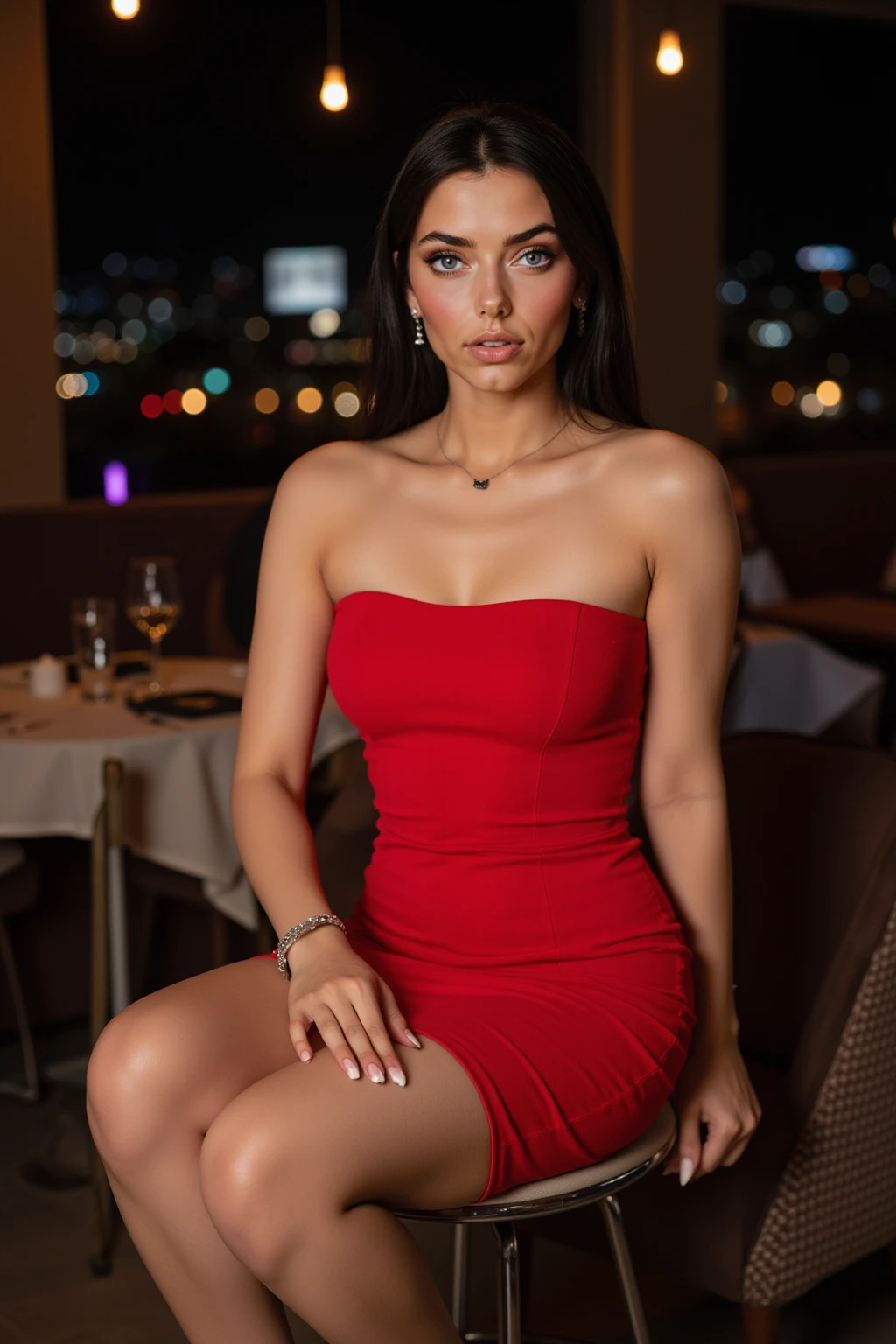 Create an ultra-realistic image of a modern, attractive female influencer of Indian descent, aged between 27 to 30. She should have a warm and inviting smile, expressive almond-shaped eyes with a slight shimmer, and clear, glowing skin with a medium brown complexion. Her features should be well-defined, with high cheekbones and a sharp jawline. Her hair should be long, thick, and wavy, with a deep, reddish-purple hue that’s bold yet sophisticated, styled in loose waves. She should have a slender yet athletic build, reflecting a healthy and active lifestyle.
She is wearing a striking crimson red strapless knee-length satin one-piece suit. The vibrant color and smooth fabric create a bold and glamorous look. Her bust size is medium (44-46 inches), offering a balanced and proportionate appearance that fits a variety of body types.
The background should feature a glamorous gala with a red carpet and elegant décor, emphasizing a sophisticated and high-profile event. Her overall appearance should exude confidence, approachability, and sophistication, capturing the essence of a contemporary fashion influencer in a glamorous setting.