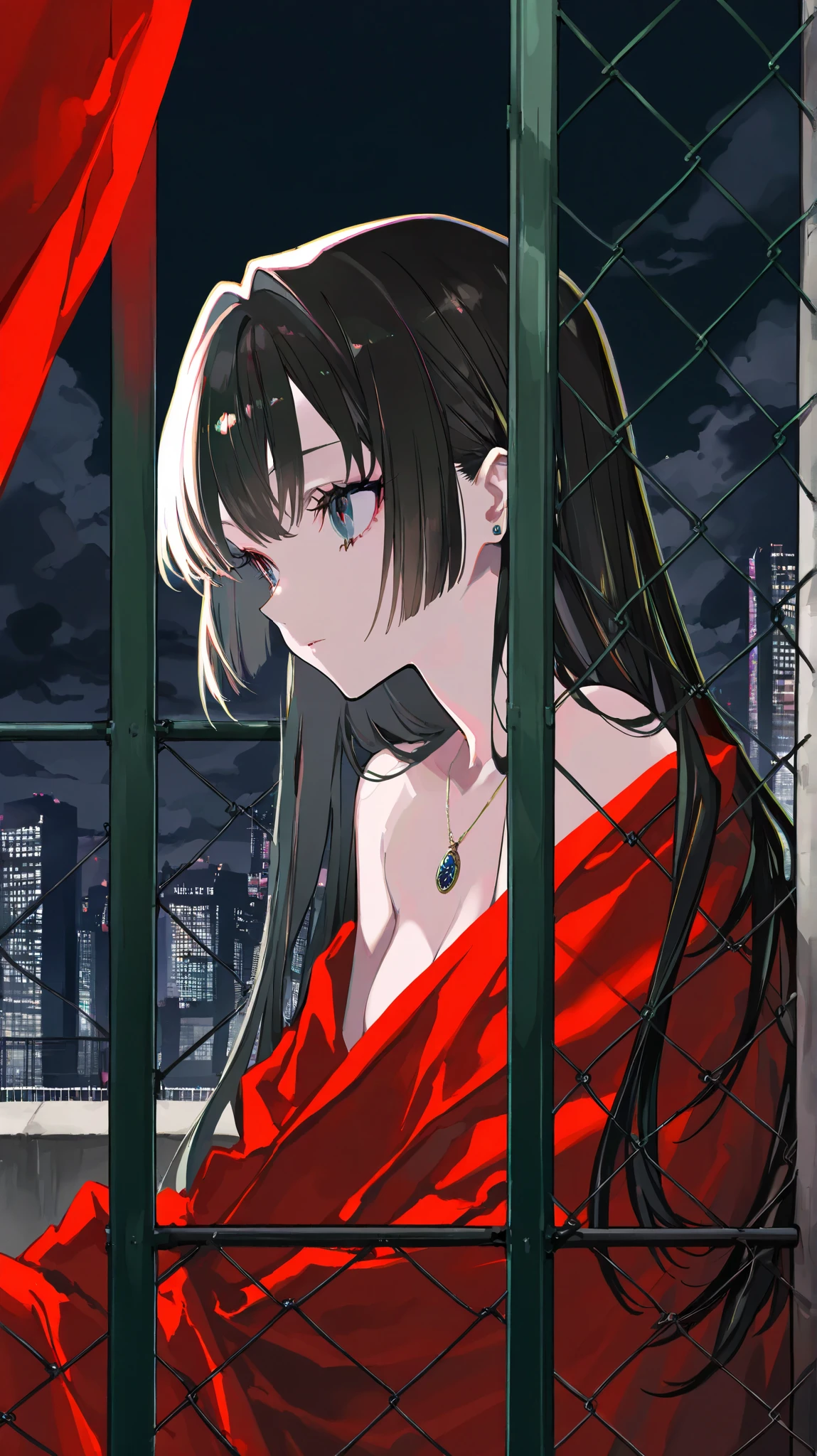 say hana, (lam \(ramdayo\):0.91), (mochizuki kei:0.95), (cierra \(ra-bit\):0.91), year 2023,
youlizi-yuri,original,(highres:1.25),
1girl,(girl behind link fence windows:1.3) ,very long Black hair,necklace,black_bow,naked sheet,sheet,Embroidered sheets,red sheet
indoors,bedroom,urban horizon,skyscraper, detailed background ,upper-body,Premium fencing windows,clouds
(Look at side), dynamic pose,Leanning side,link fence windows,(fence projection:1.3)
(solo closeup, detailed background:1.2),Before dawn, black sky with golden sea horizon,(link fence:1.1)