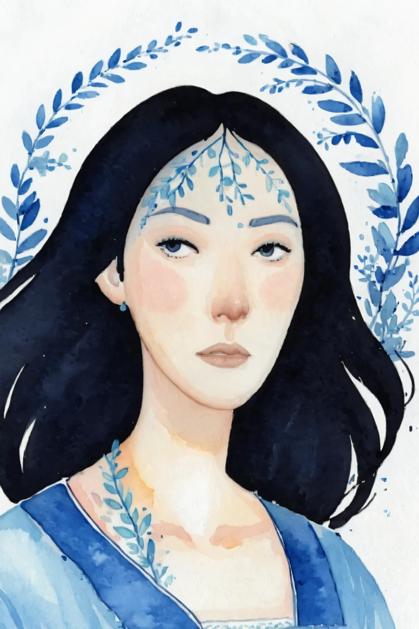 score_9, score_8_up, score_7_up, score_6_up, MulanXLP, neutral soft expression, gougoupaintleaves, black hair, traditional media, watercolor, white background, white and blue, blue vines and floral, facing the viewer, cartoon, closed eyes, cute, face_portrait, white background, dark art, anime_source 
