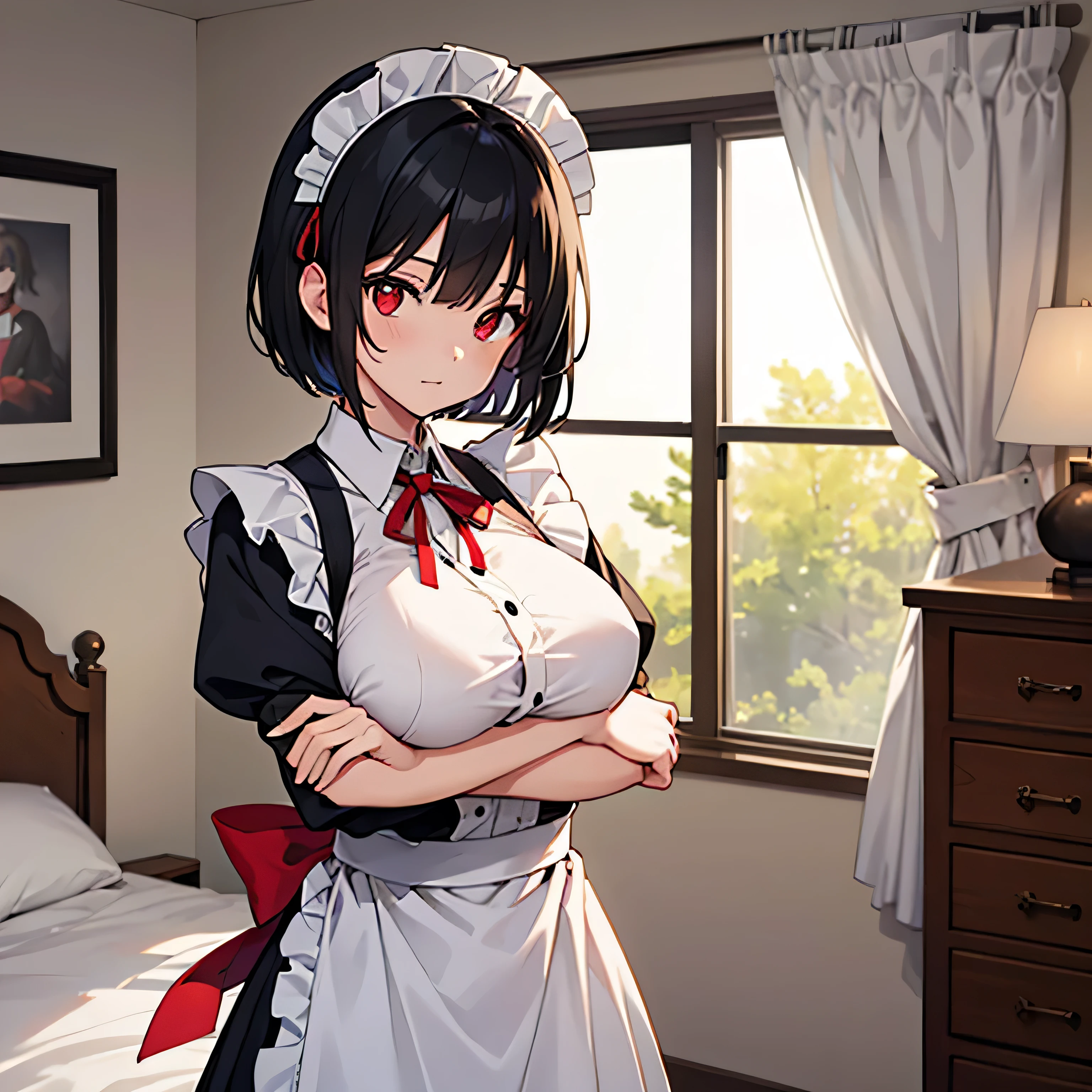 1girl,black hair,short hair,red eyes,maid,white made brim,red ribbon,big breast,in bedroom,standing,folding arms,perfect face,beauty eyes