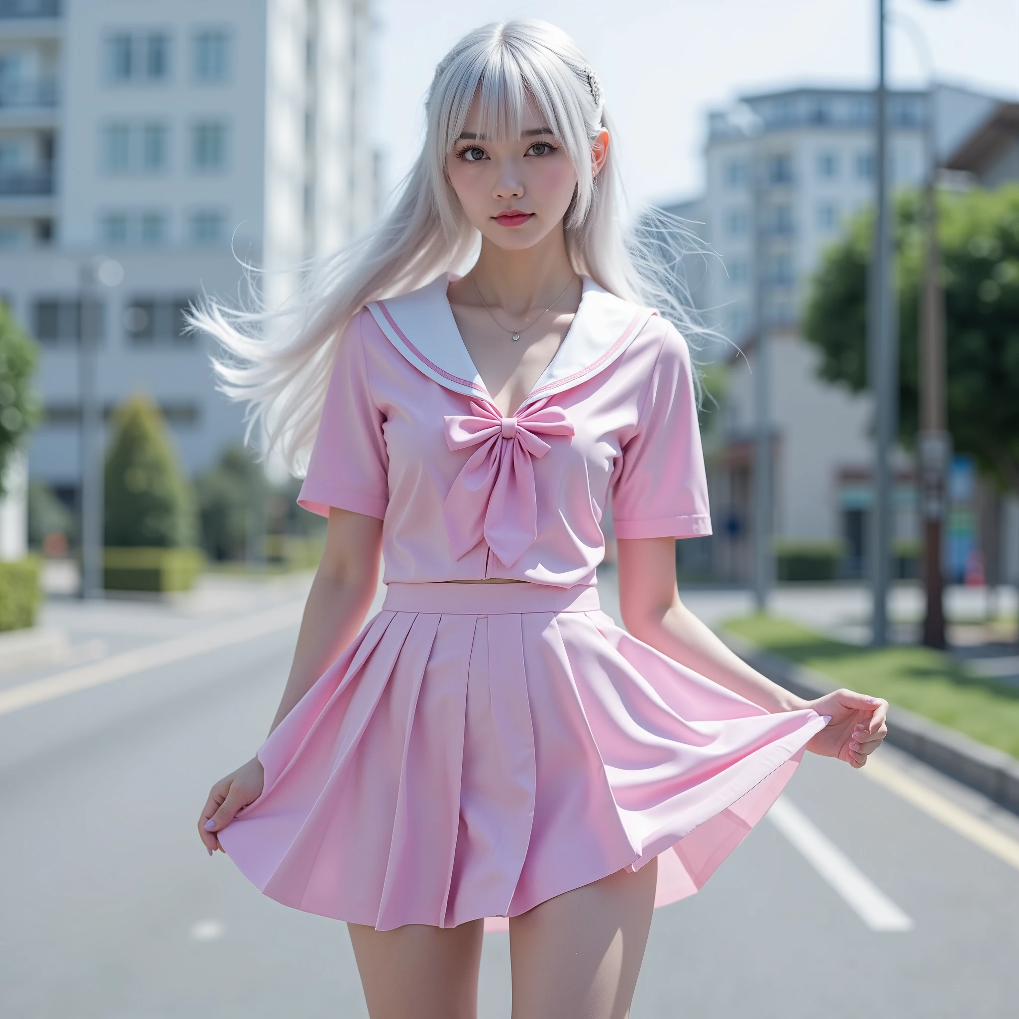 ( Surreal Photography :1.37), ( super high resolution), (8k), ( very detailed), (very beautiful fine eyes ), ( top quality), ( very detailed), ( Masterpiece), High School , ( detailed face), alone, sexy , My heart trembles with cross eyes , White Wavy Hair , Two-color eyes, long legs , Strong Abs, dynamic posing,break,
pink latex uniform, miniskirt姿, sailor suit,1 high school student , show me underwear, street style,A look back at the past,( skirt blowing in the wind ,Skirt with visible buttocks ,)Mister.々 pose , miniskirt, sexy panties,((( showing white panties )))