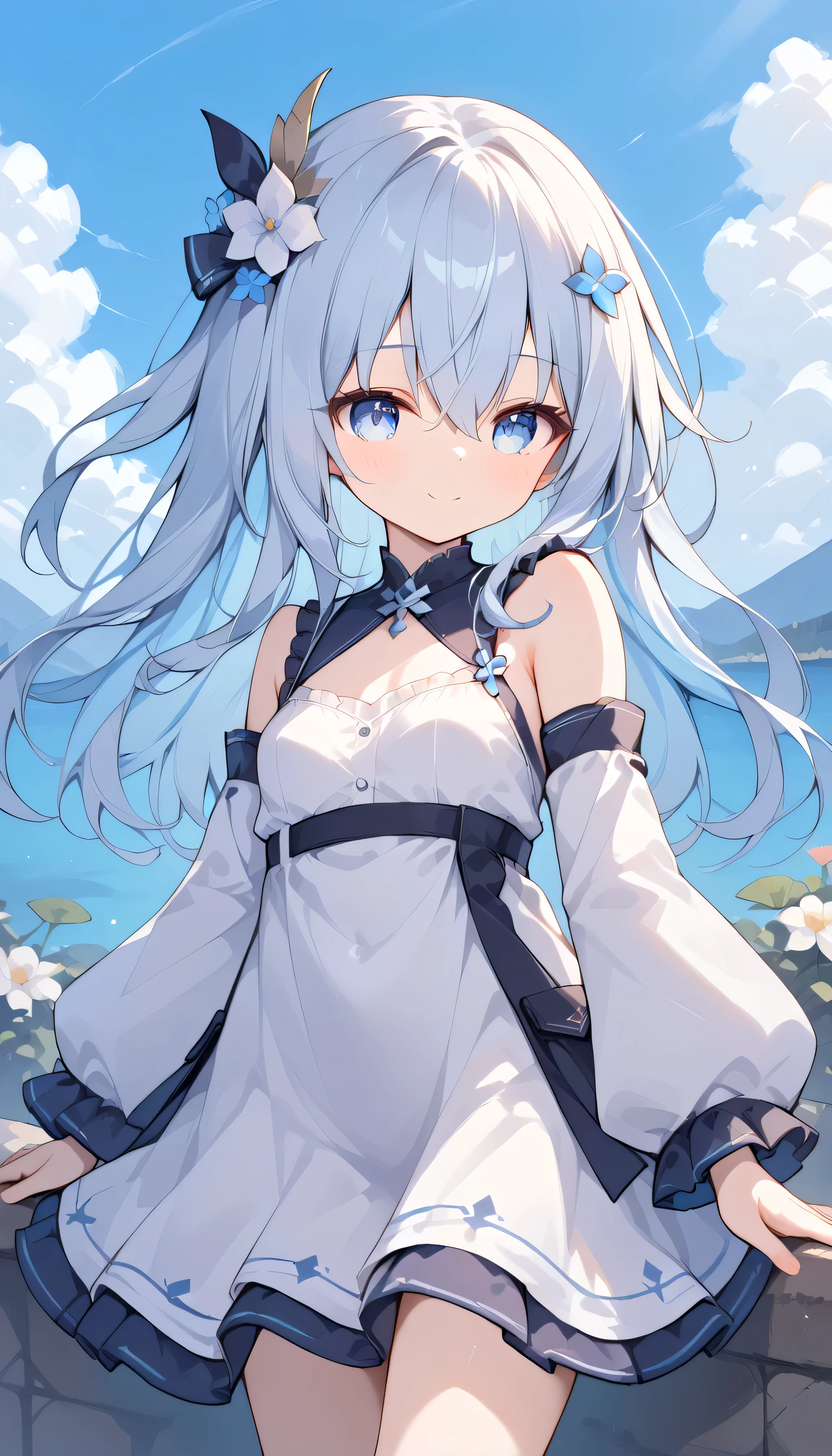 hibikikc , long hair, White hair, blue eyes small breasts petite body 1 girl, Alone, eyebrows visible from inside hair , hair between eyes, watches viewers, masterpiece, top quality, very aesthetic, light blue inner hair, multicolored hair simple dress Outdoors blue sky lake shoulder detached sleeves smile Flower Hair Ornament head