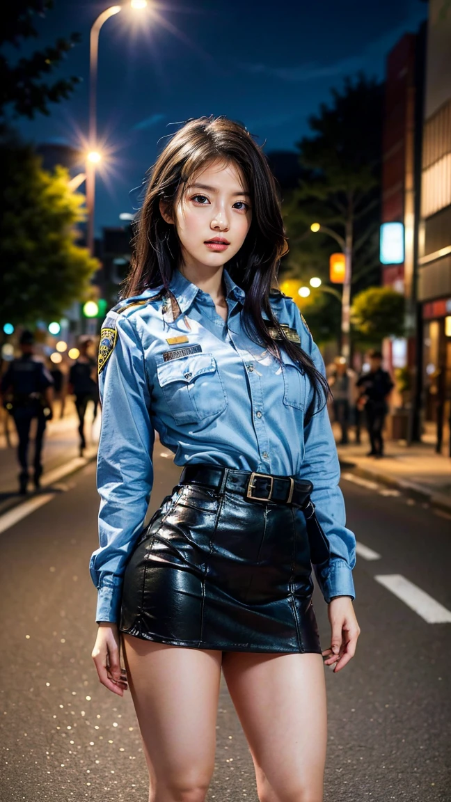 (Masterpiece, best quality) Solo, (Police Uniform, Policewoman), Stockings, City Lights, (Looking at the audience: 1.3), Lips Apart, Red Lips, Shiny Skin, Skin Dents, Best Quality, Ultra High Resolution, (Realism: 1.4),  