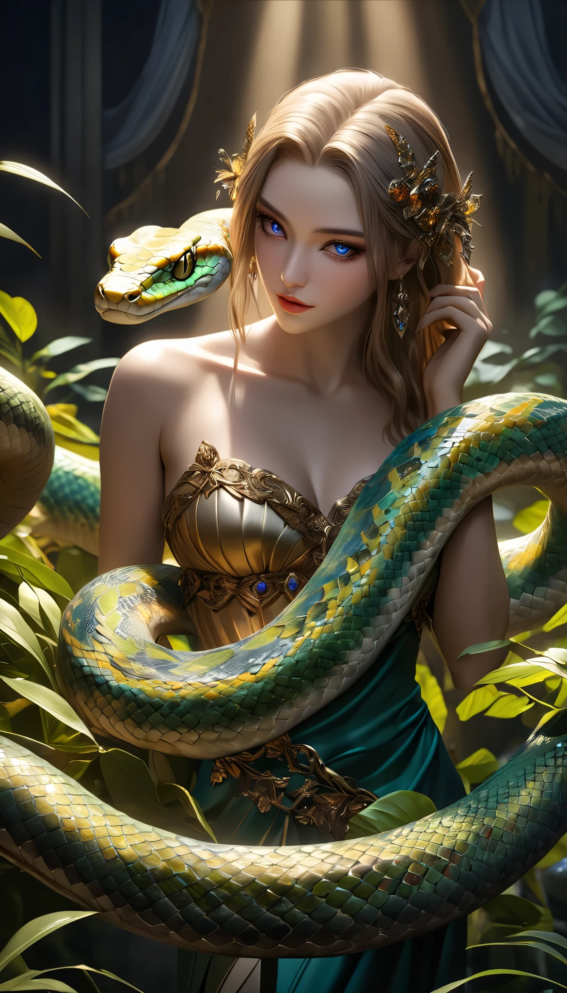 surreal), (illustration), (high resolution), (8K), (extremely detailed), (best illustration), (beautiful in detail), (best quality) , (super detail), (masterpiece), (background), (face detail), solo, (active pose), full body shot, background in a huge snake herd, giant snake crawling around nest, the goddess is sexy and beautiful lying on a giant snake's nest, the goddess is letting the snakes crawl on her body, the goddess has white hair, her hair is braided into a bow on the top of the head, the rest is loose. stretched out on the snake's nest and on the snakes, the white goddess's wings were crawled by the snakes, the wings spread to both sides, the goddess's two hands were tied by the snake's tail to both sides, her two hands were tied open under the armpits, , snake , a giant snake tail wrapped around her hand , the goddess was stripped of her clothes , her breasts were covered by 2 snakes , smooth white breasts , snakes wrapped around her breasts , goddess skin white smooth , the goddess did not wear pants , her underwear red goddess torn and wet, surrounded by snakes, long legs, white thighs, snakes wrapped around thighs, bare feet, legs without muscles, toes livid, snakes wrapped around legs, snakes rubbing against